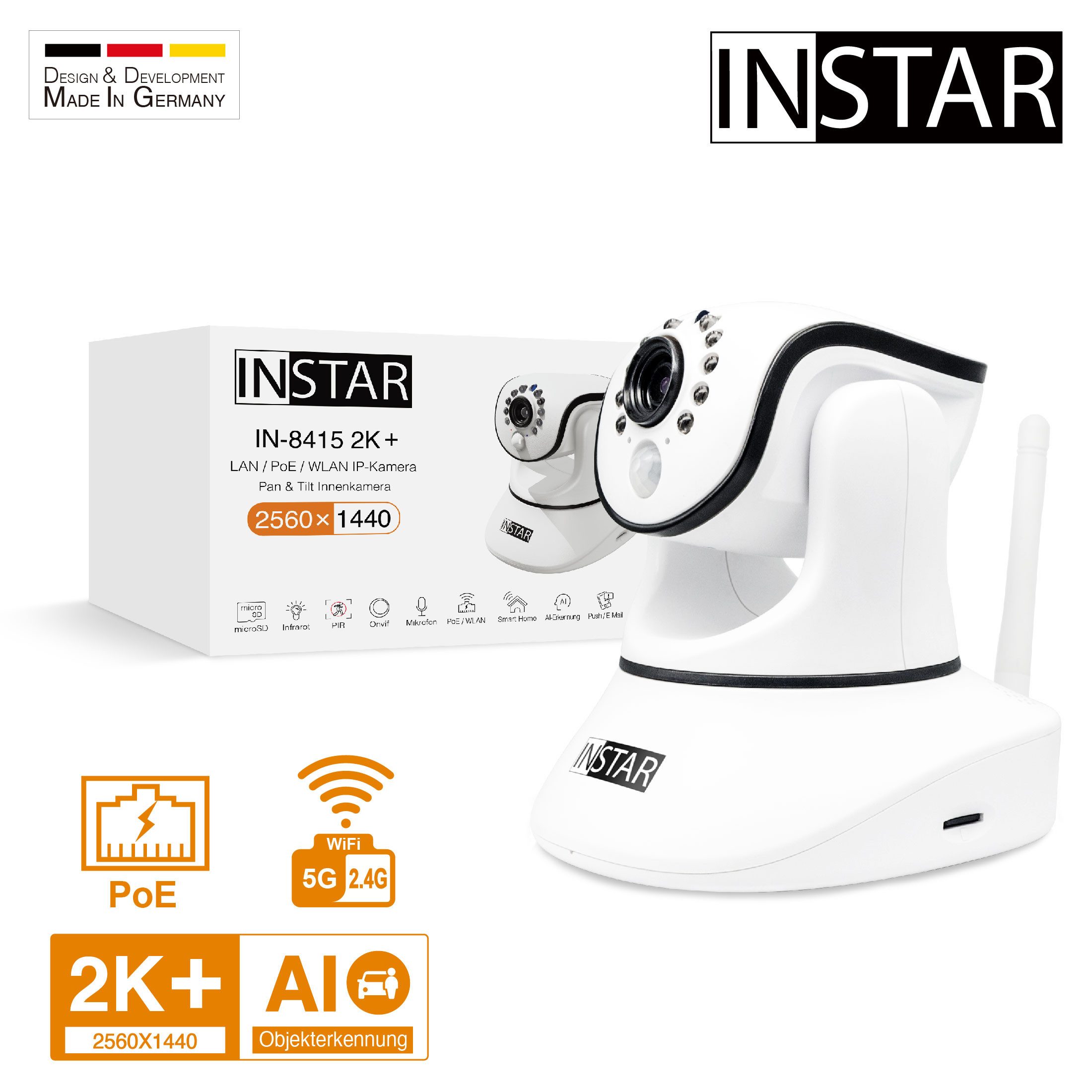 INSTAR Überwachungskamera IN-8415 2K+ (LAN / WLAN / PoE Version) (Innenbereich, WLAN, LAN und PoE, IR Nachtsicht, 2-Wege-Audio, Geräuscherkennung, PIR)