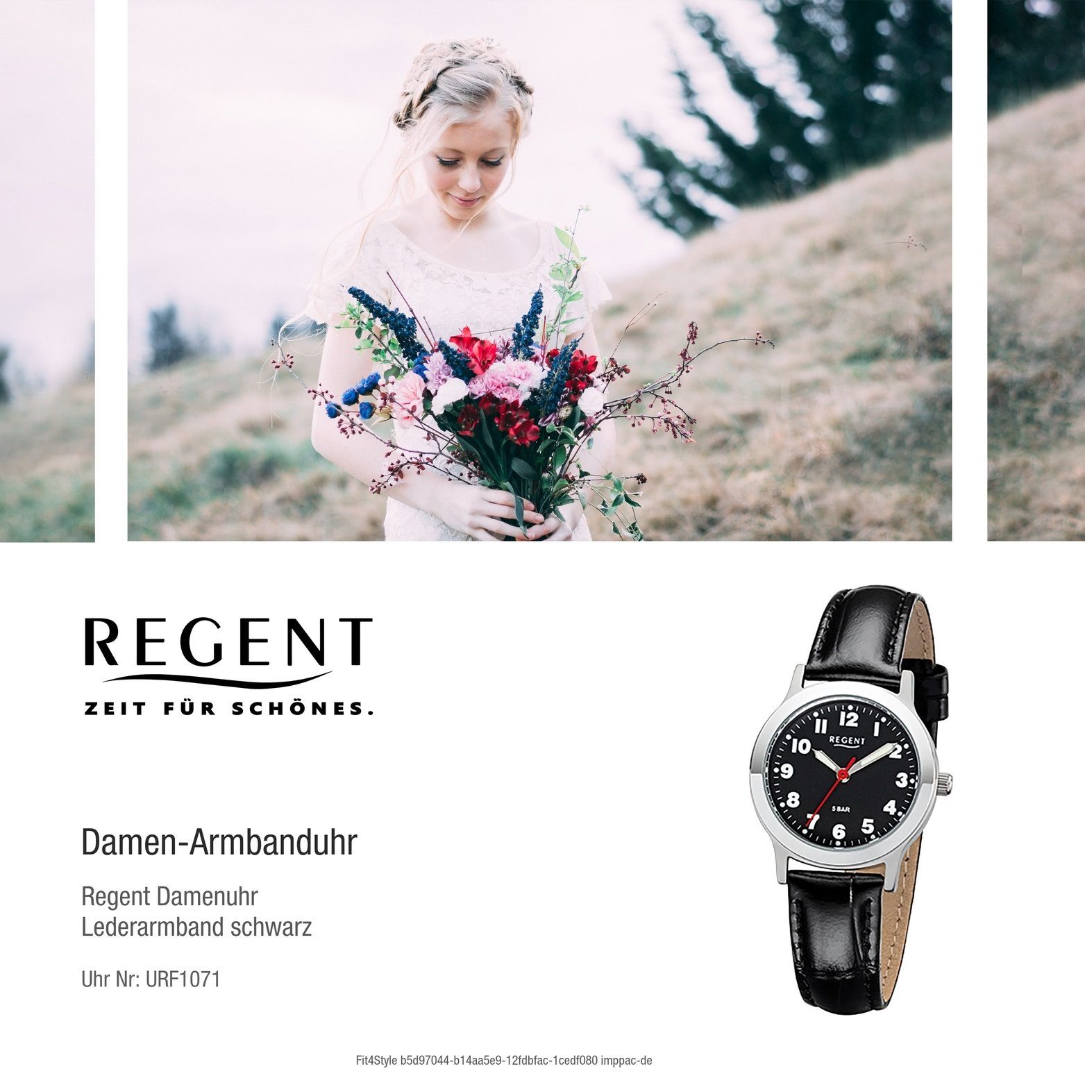 F-1071, 28mm) Uhr Regent Gehäuse, Quarzuhr Damen, klein Leder schwarz, Lederarmband rundes (ca Regent Herren Herrenuhr Damen