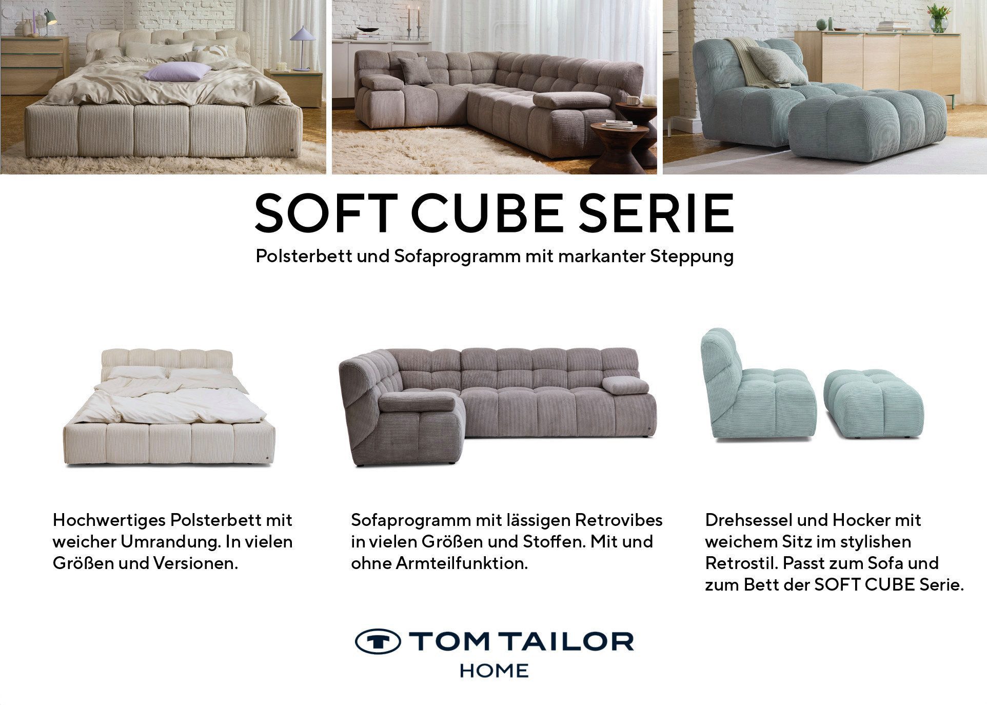 TOM TAILOR HOME Big-Sofa SOFT CUBE – stylische Retrovibes durch markante Kachelsteppung, angenehmer Sitzkomfort, 205/245x90, mit optionaler Armteilfunktion