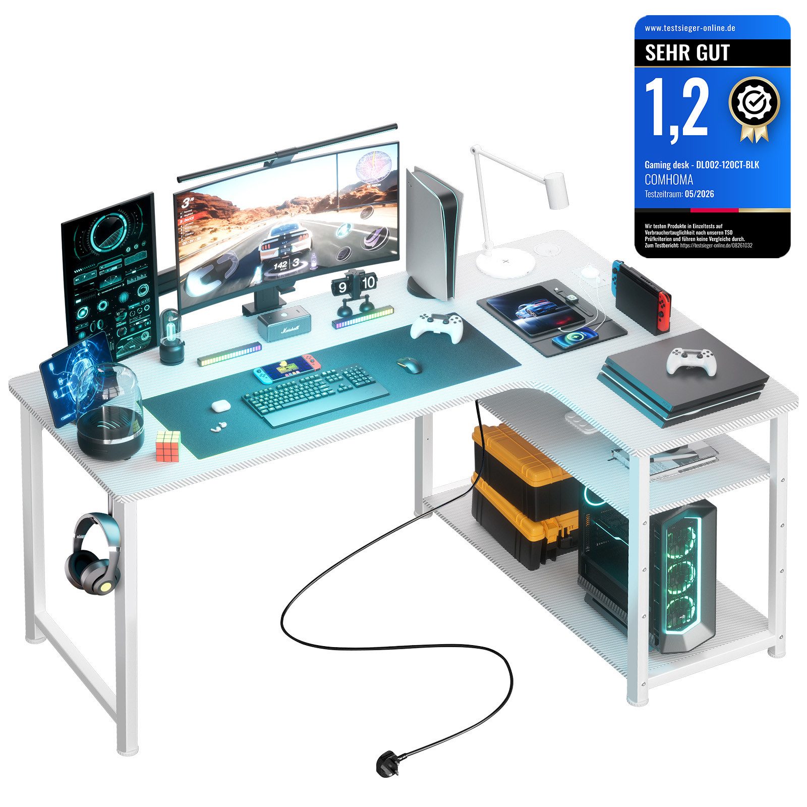 GTPLAYER Schreibtisch Gaming Tisch Eckschreibtisch mit Regal USB-Ladeanschluss und Steckdose (1 Tisch), 120/100cm Computertisch L Form, PC Tisch für Büro, Heimbüro