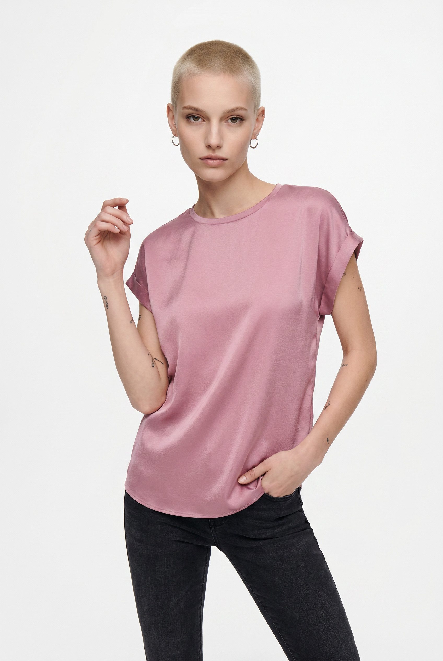 ONLY Kurzarmshirt ONLLIEKE S/S SATIN MIX TOP WVN NOOS regular fit, Web, Polyester, Rundhals, unifarben