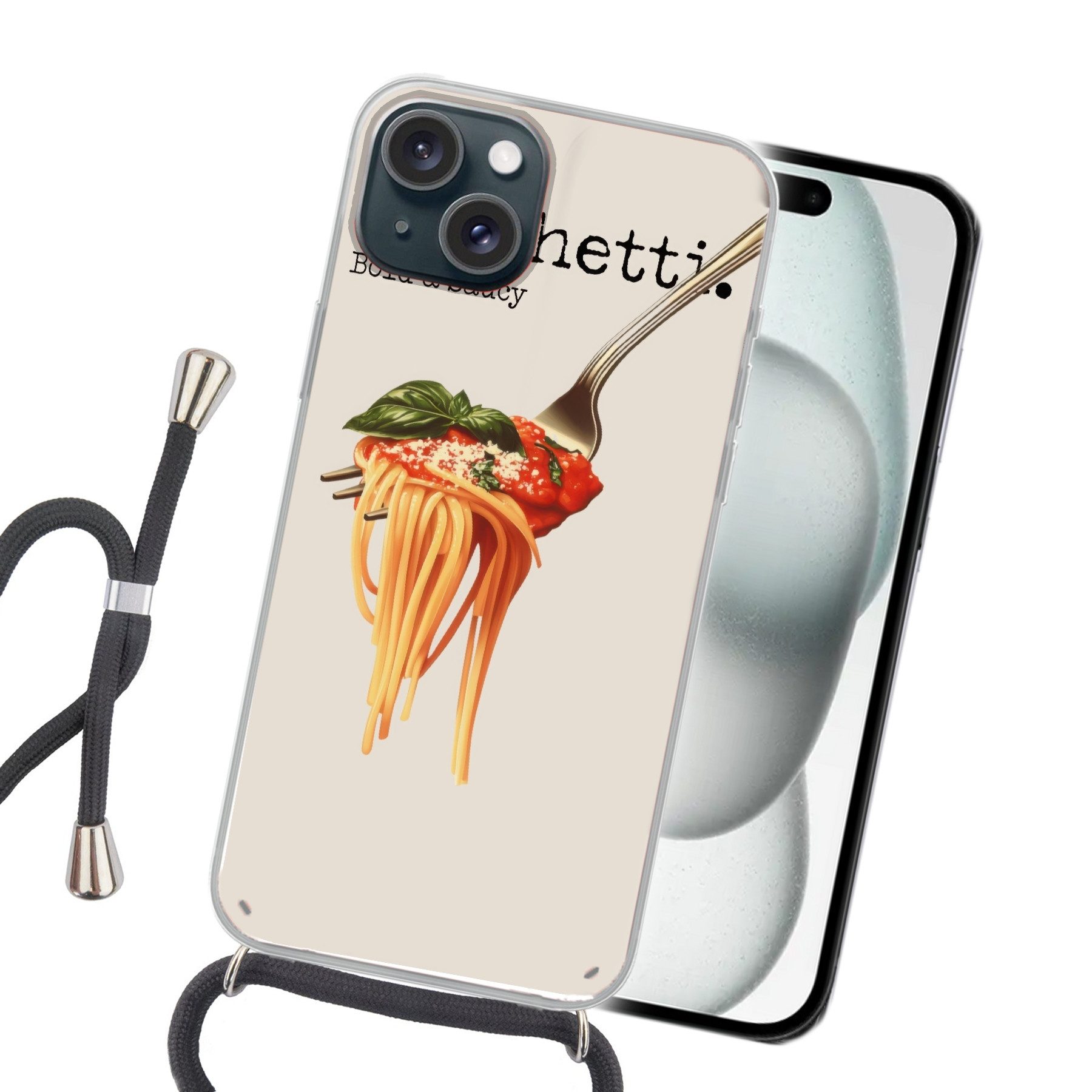 MuchoWow Handyhülle für Apple iPhone 15 Spaghetti - Tomatensauce - Parmesankäse, Tragbare Handyhüllen mit Kette zum umhängen, Handykette Handyband