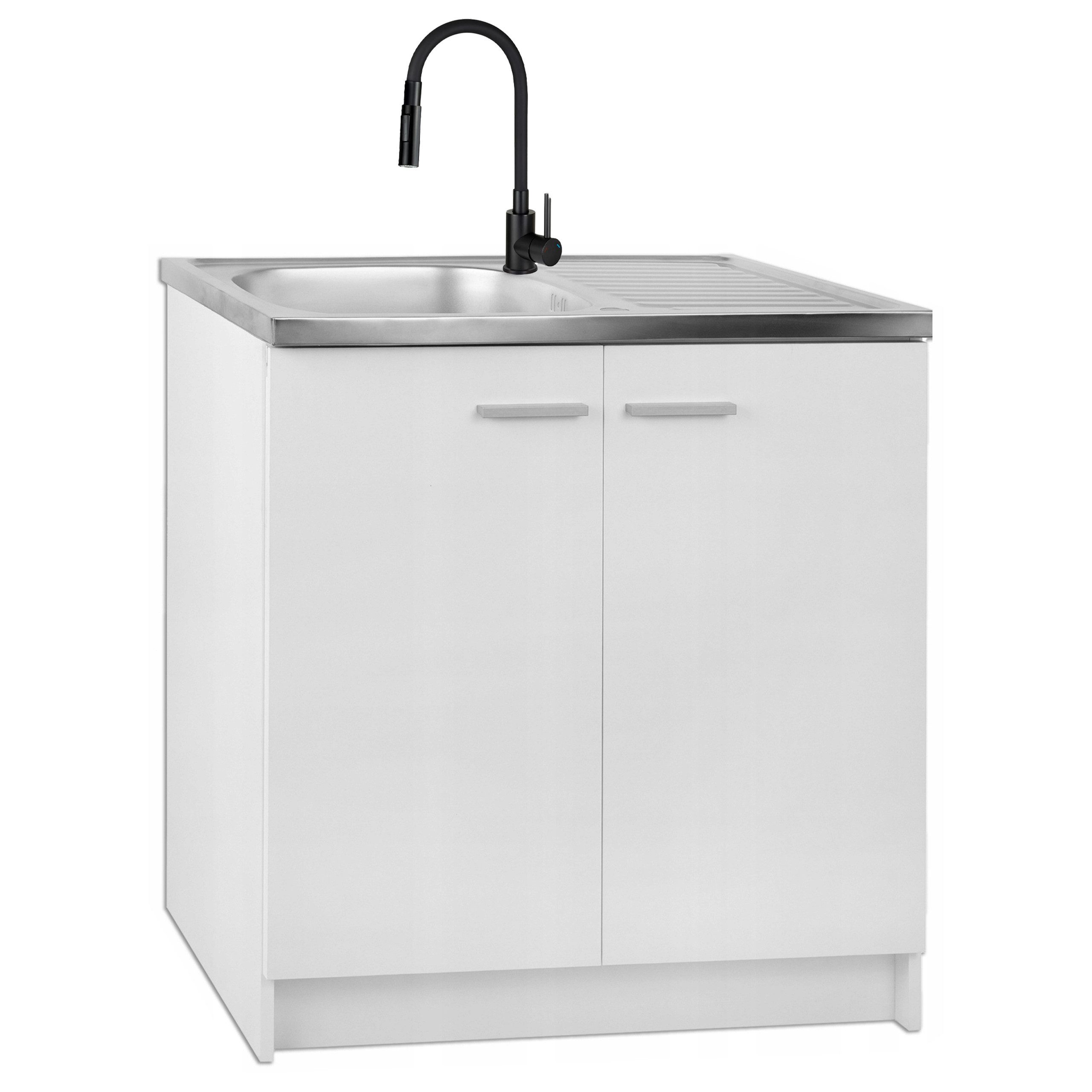 STAMAR Spülenschrank Küchenunterschrank 80 cm Weiß Spüle Armatur Schwarz flexibel 2in1 Unterschrank stehend Edelstahl Spülbecken Wasserhahn Brause Set