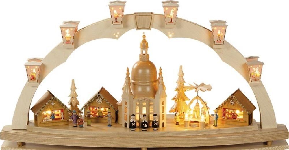 Richard Glaesser Schwibbogen Schwibbogen Dresdner Frauenkirche mit Pyramide, Höhe 40 cm, Handwerkskunst aus dem Erzgebirge