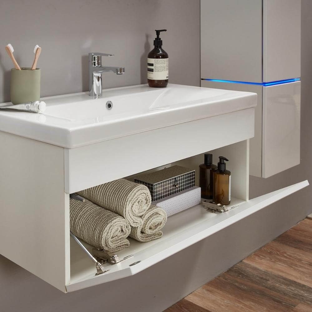 HOME DELUXE Badmöbel-Set WANGEROOGE BIG - M, (inkl. Unterschrank, Waschbecken und Spiegel), 33 x 80 x 41 cm - Softclose Funktion, Waschbeckenunterschrank