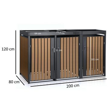 Zelsius Mülltonnenbox mit Pflanzdach für 3 Tonnen, 120 - 240 Liter, RAL 7016, Tür Holzoptik