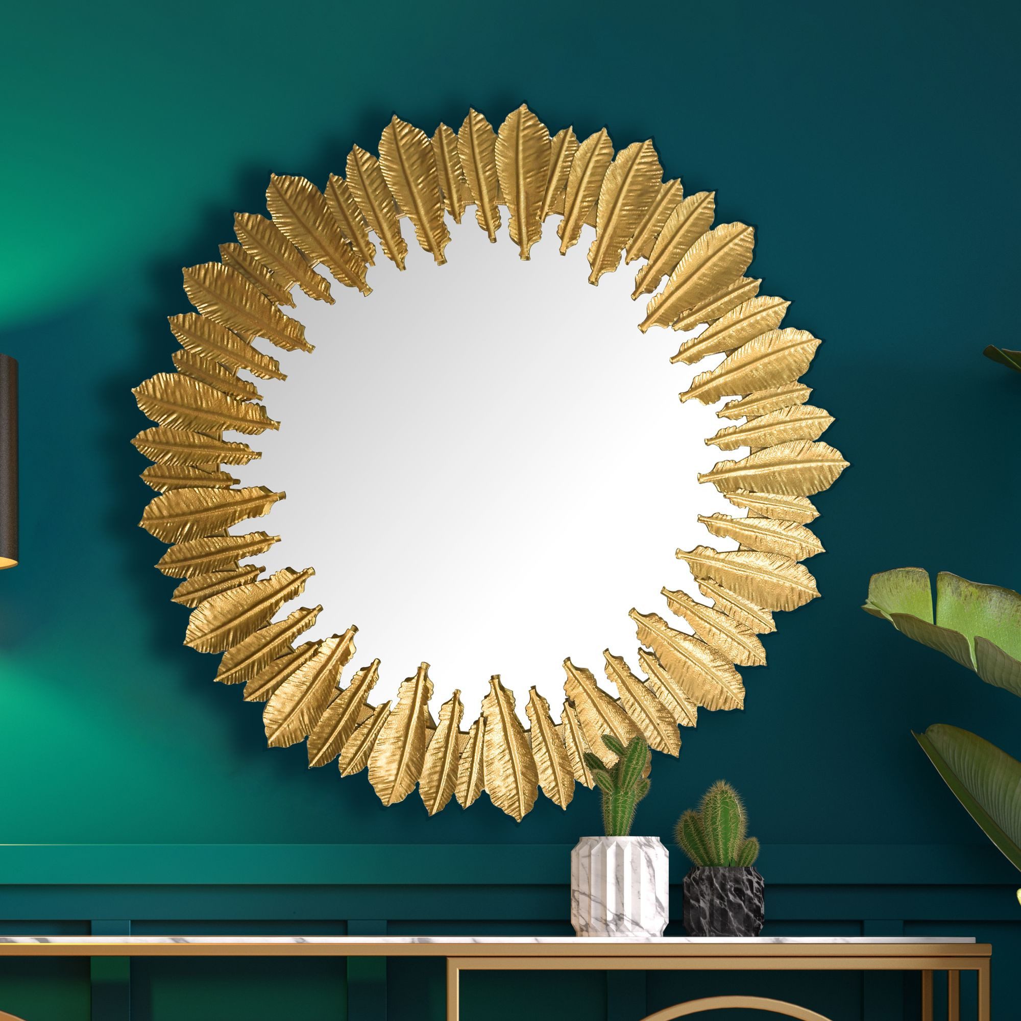 furnicato Spiegel Wandspiegel Rund Federkranz 68x68x3 cm Goldfarben (1-St), Handgefertigter Rundspiegel mit Federkranz für deinen Flur