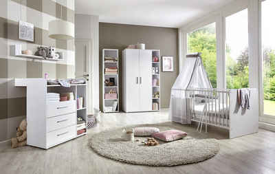 moebel-dich-auf Babyzimmer-Komplettset KIM 3, (in weiß, Babybett + Wickelkommode + Kleiderschrank + Bücherregal), optional mit Matratze, Umbauseiten-Set oder Textil-Set