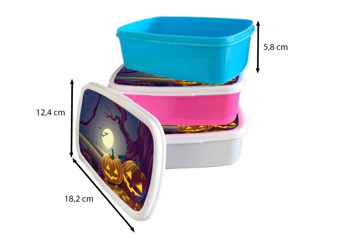 einer Zwei Kunststoff Illustration, Brotdose Lunchbox in Brotbox Kunststoff, Erwachsene, für rosa Mädchen, einer (2-tlg), MuchoWow Snackbox, Halloween-Nacht Kürbisse Kinder, in