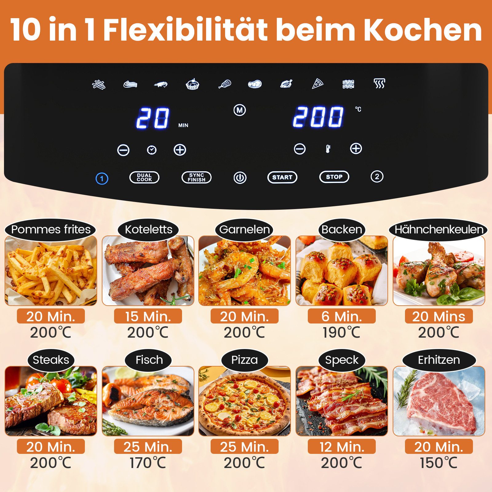 KOMFOTTEU Heißluftfritteuse, 2100 W, 8 L Airfryer aus Edelstahl mit 2 Kammern, 10 Programmen, 40-200°C