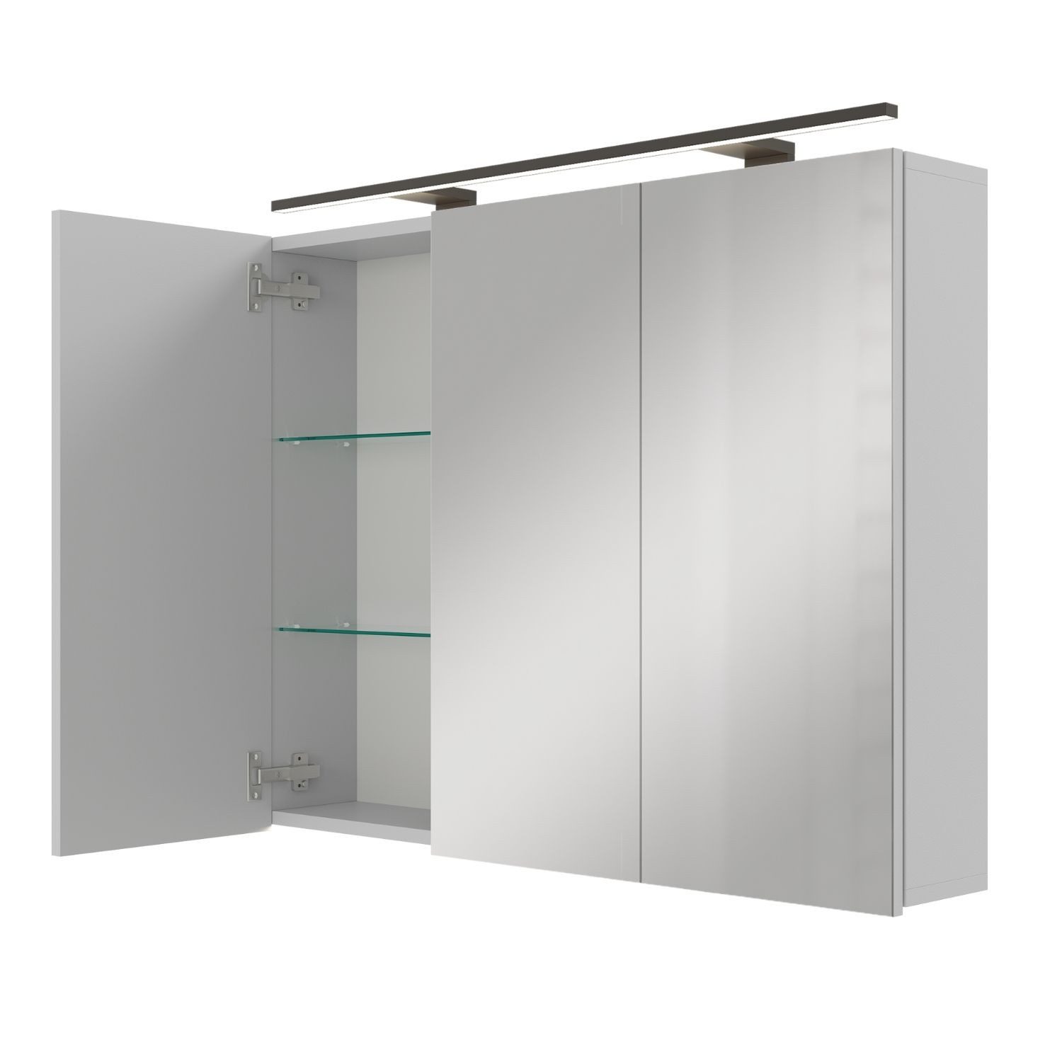 Planetmöbel Spiegelschrank Spiegelschrank ARIA (Spiegelschrank Bad 90 cm mit Beleuchtung und Steckdose, Badspiegelschrank 2-türig) weiß grau