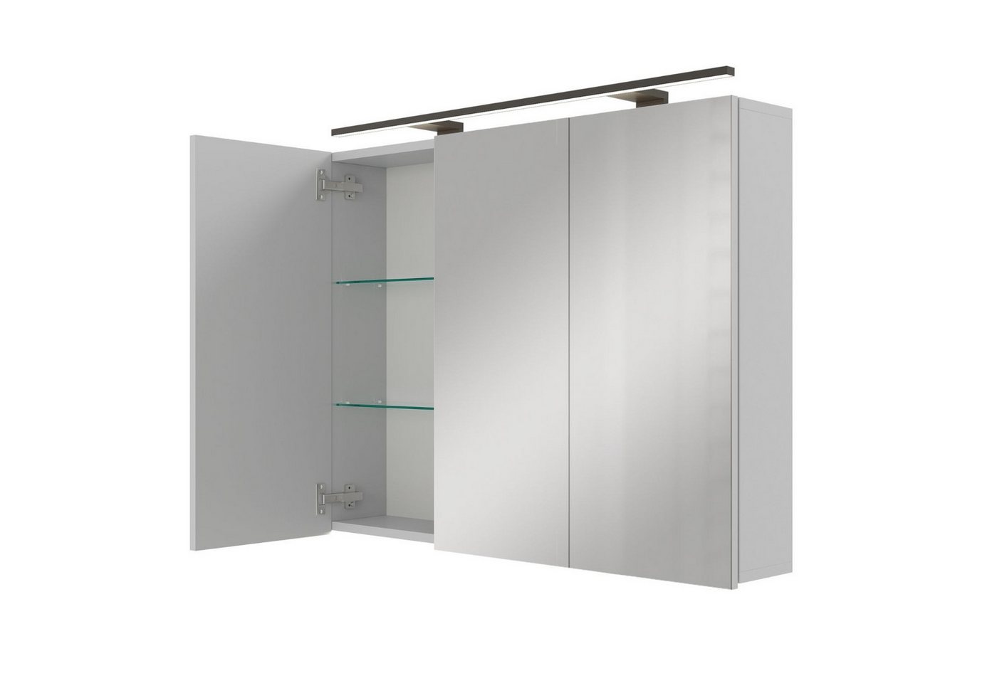 Planetmöbel Spiegelschrank ARIA Badschrank 90 cm mit Beleuchtung & Steckdose (Spiegelschrank Bad mit Beleuchtung 90 x 70 x 16 cm, 3-St., Badspiegelschrank 2-türig) Steckdose für Elektrogeräte, LED-Aufbauleuchte 80cm