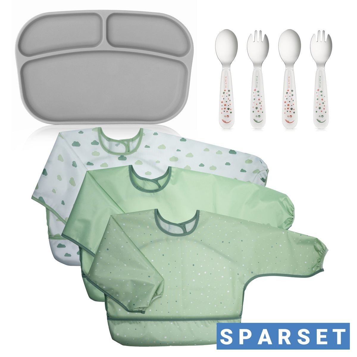 MiaMia Lätzchen Grün / Grau, Kinder Esslern Set 3 Lätzchen, Teller & Besteck (2 Löffel & 2 Gabeln)