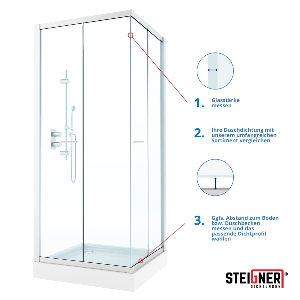 STEIGNER Duschdichtung 30cm Gerade PVC Ersatzdichtung für Dusche, L: 30 cm, (1 Stück Packung, Einzeldichtung), Glasstärke 6/7/ 8 mm Model: UK07