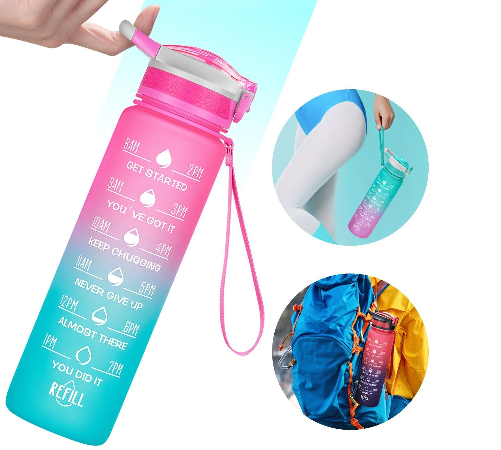 und Strohhalm OKWISH Pink/Hellgrün Fitness Sportflasche Camping Sport 1L, 1 Fahrrad Wandern Outdoor Trinkflasche BPA-Frei Auslaufsicher Liter Wasserflasche Zeitmarkierung