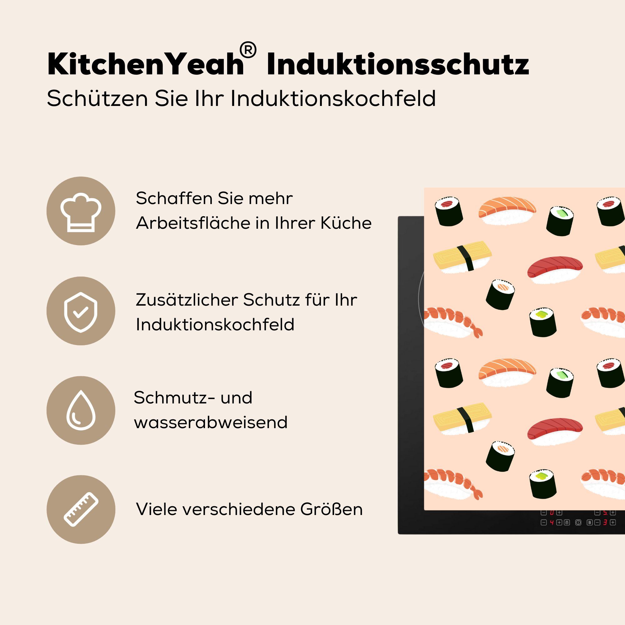 Arbeitsplatte hellrosa Sushi Hintergrund, (1 Vinyl, küche gegen Herdblende-/Abdeckplatte Ceranfeldabdeckung, für MuchoWow cm, 78x78 tlg), Illustration