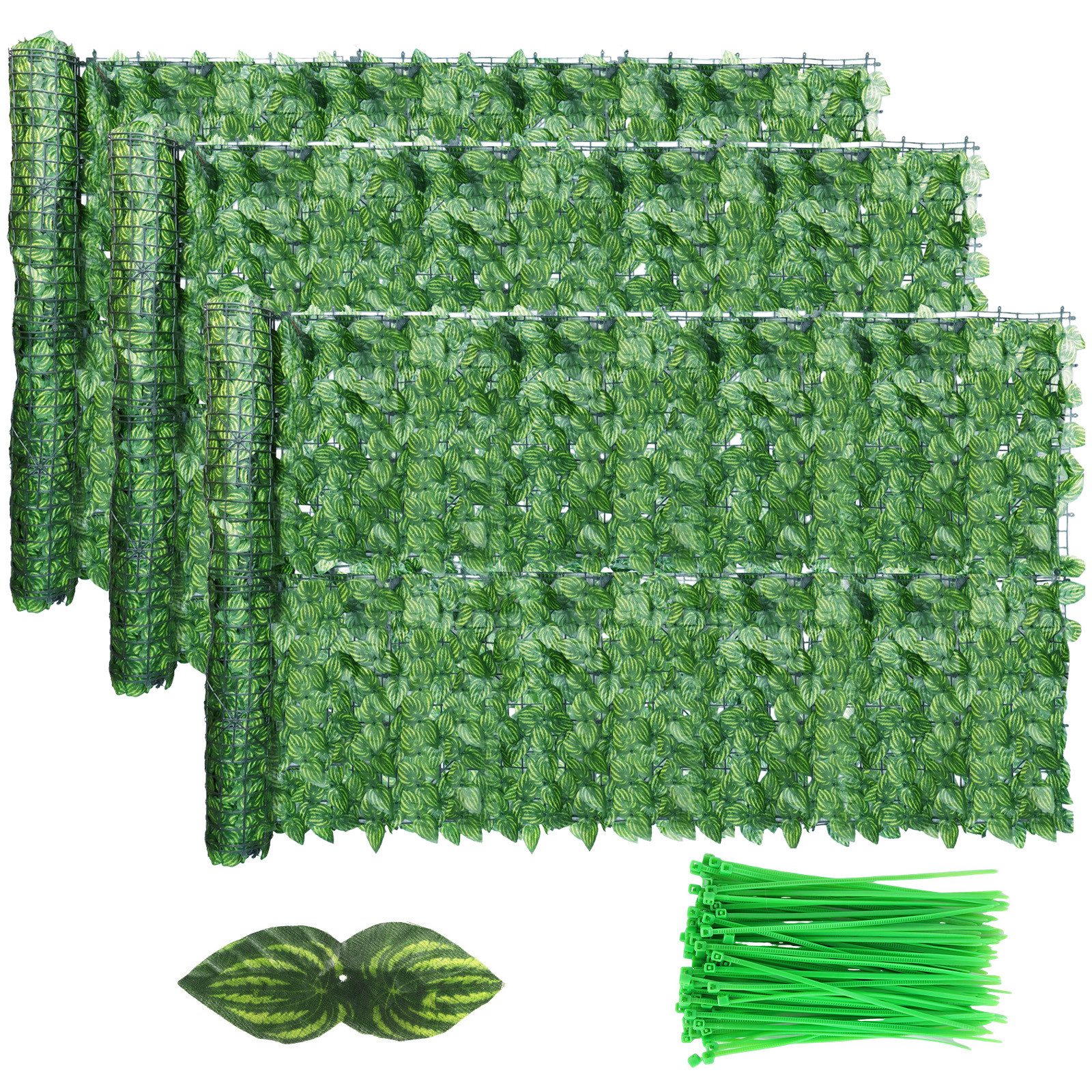 BlingBin Balkonsichtschutz Künstliche Efeu Hecke Windschutz, Sichtschutzhecke für Garten, 1x5m (3er Set, 3-St., Inklusive 300 Kabelbinder, Wassermelonenblätter) Sichtschutz Künstliche Hecke für Balkon, Hof, Gartendekoration