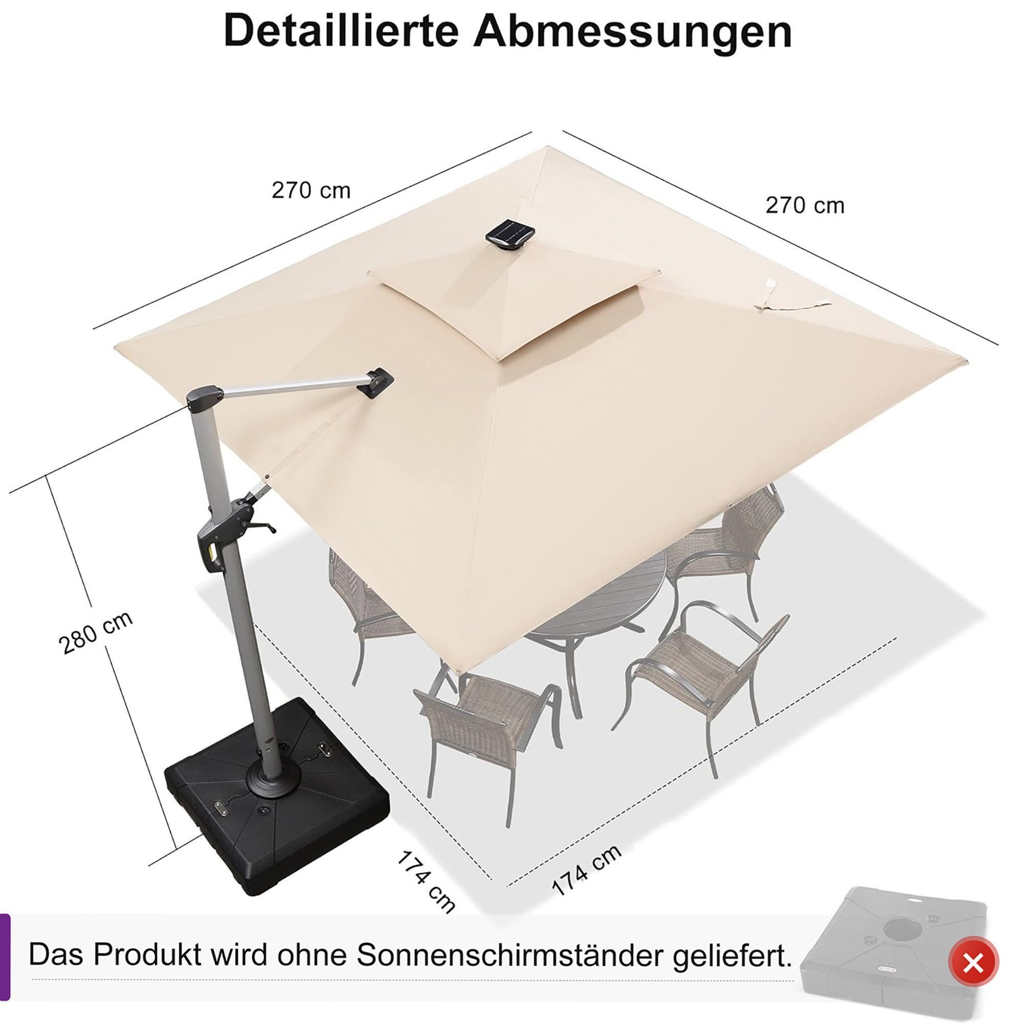 PURPLE LEAF Sonnenschirm Quadratischer Außenbereich Ampelschirm, Gartenschirm mit Solar LED, LxB: 270,00x270,00 cm, 360°Rotation, Sonnenschutz UV50+, für Garten, Terrasse, Pool