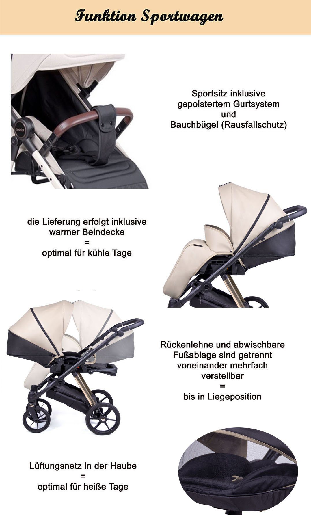 babies-on-wheels Kombi-Kinderwagen 2 Designs in Axxis Creme Kinderwagen-Set - 14 1 Premium in gold Gestell - 12 = Teile