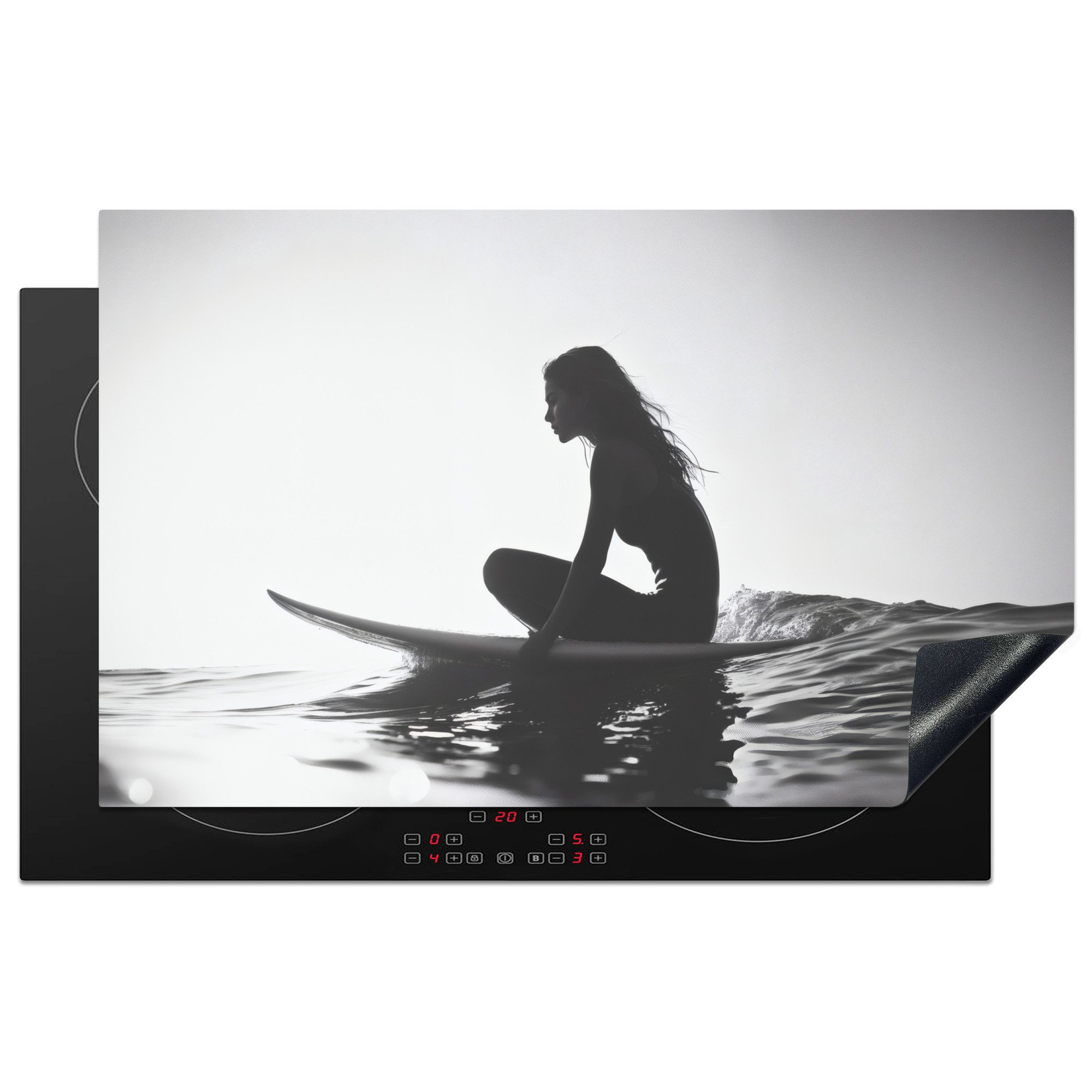 MuchoWow Herd-Abdeckplatte Silhouette - Frau - Surfbrett - Wasser, Vinyl, (1 tlg), Herdplattenabdeckung für Ceranfeld, Herdplatten Vinyl, 83x51 cm