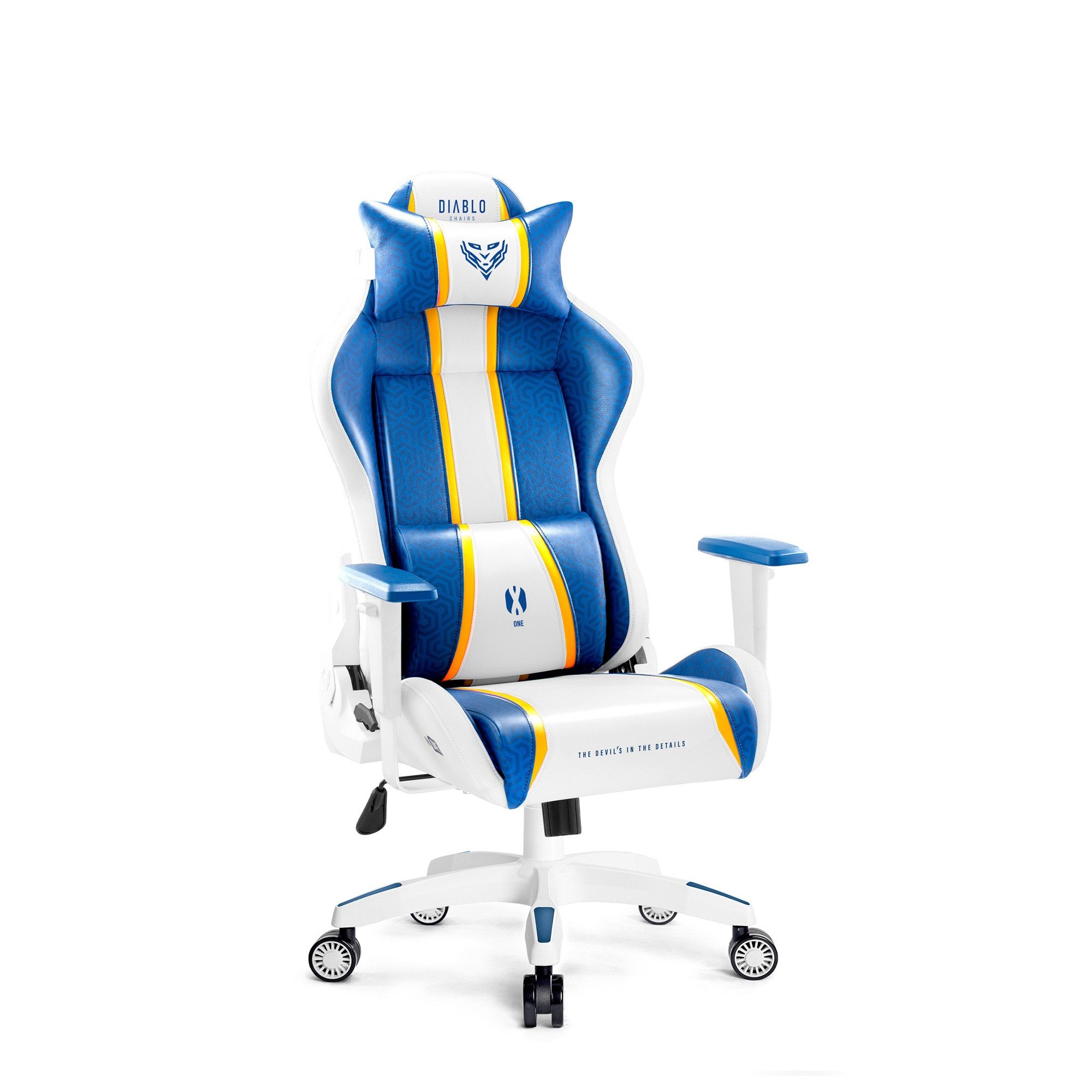DIABLO CHAIRS Gaming-Stuhl X-One 2.0 HDS Ökoleder ergonomisch TiltTech Armlehnen Kopfstütze (Klasse-4-Gasfeder, Gummiräder bodenschonend, Kids S Normal L King XL), Lendenkissen Wippfunktion Metallbasis 3 Größen