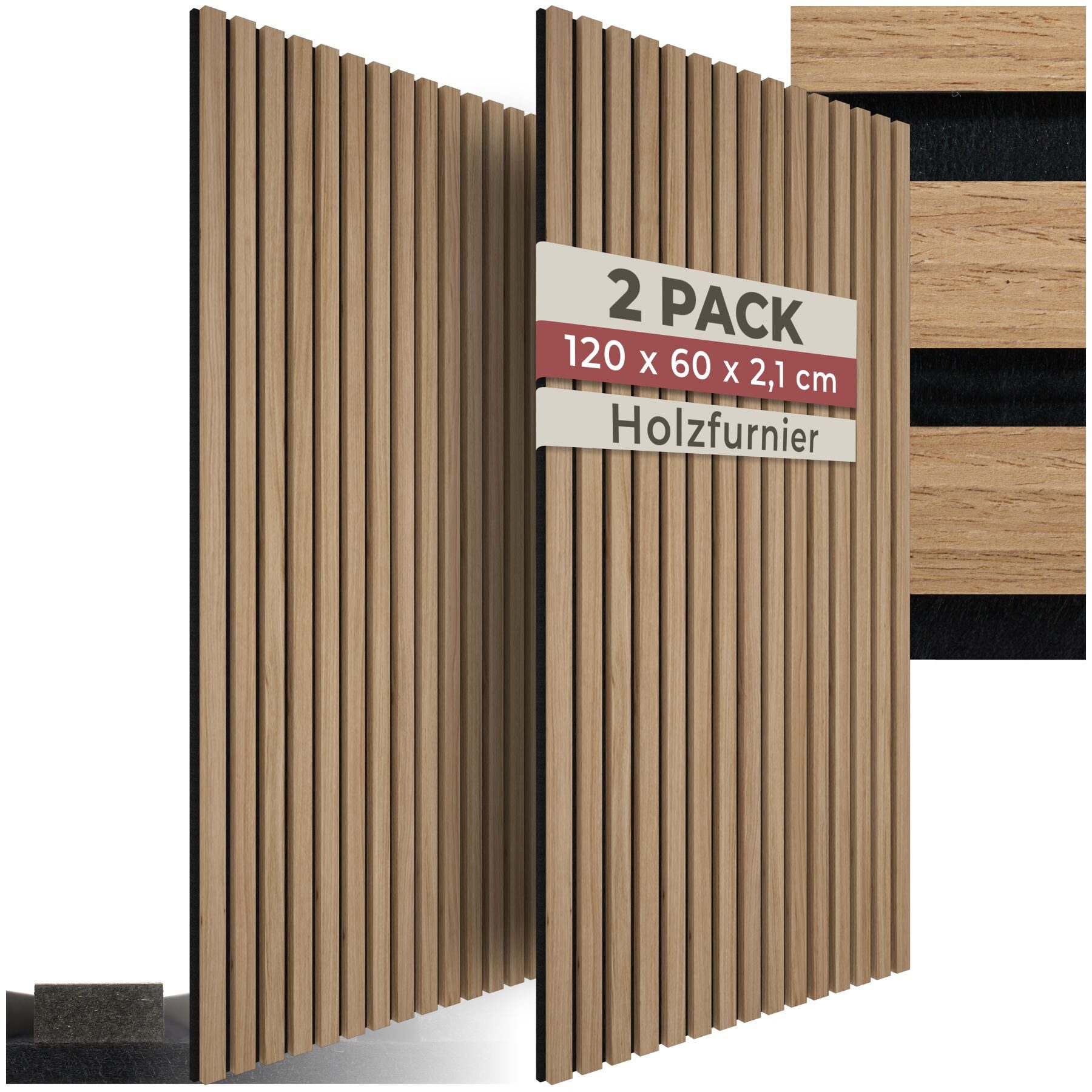 tectake Wandpaneel Akustikpaneele aus MDF und Echtholzfurnier - Eiche, BxL: 60x120 cm, 0.72 qm, (Holzpaneele Sonic Wall, 2-tlg., Größe flexibel anpassbar) schallabsorbierender Filz, einfache Montage mit Kleber oder Schrauben