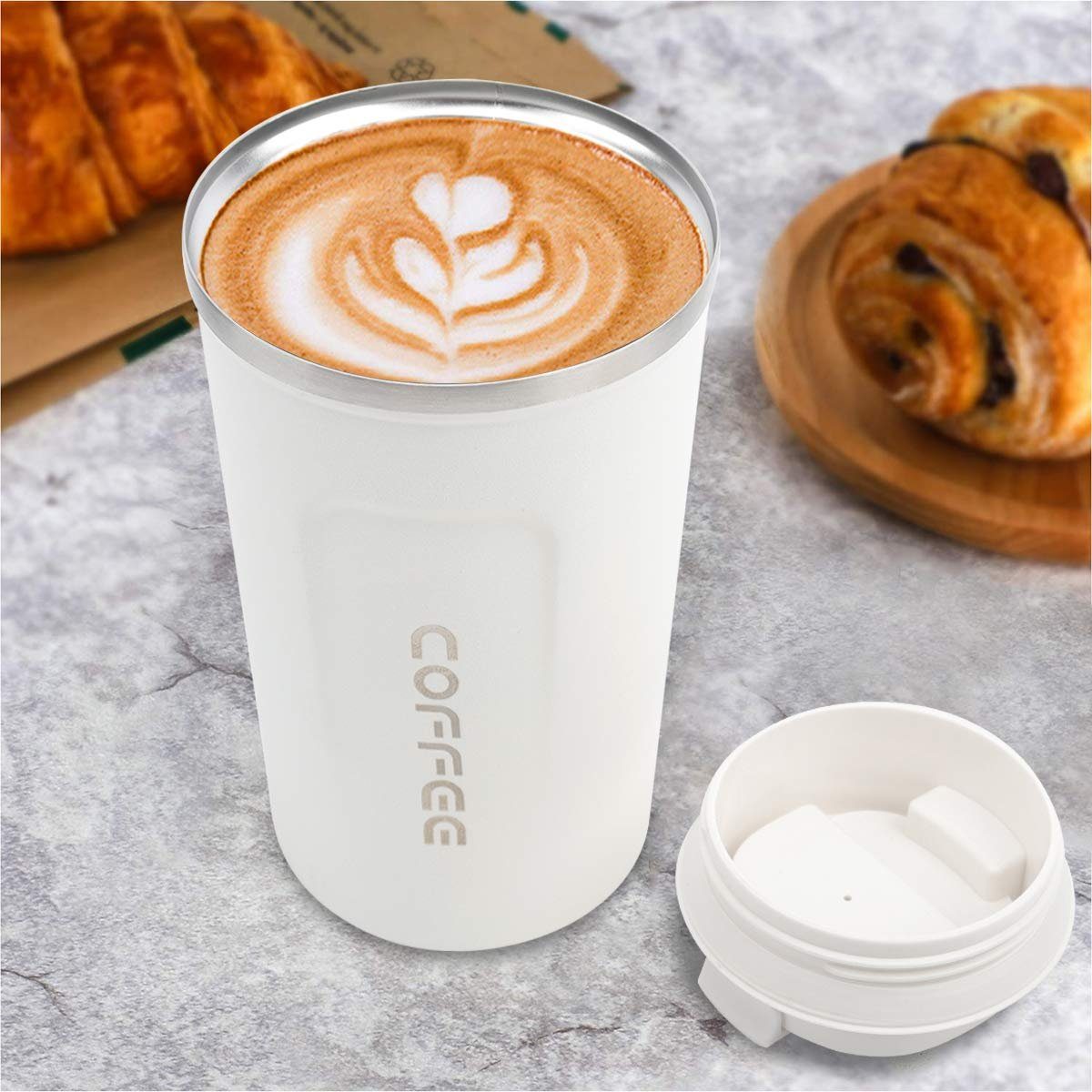 Haiaveng Eiskaffee/Heißen Kaffeebecher Thermo Auslaufsicher Isolierbecher Thermobecher Deckel Becher, für Kaffee Thermobecher mit Edelstahl 380ml Weiß