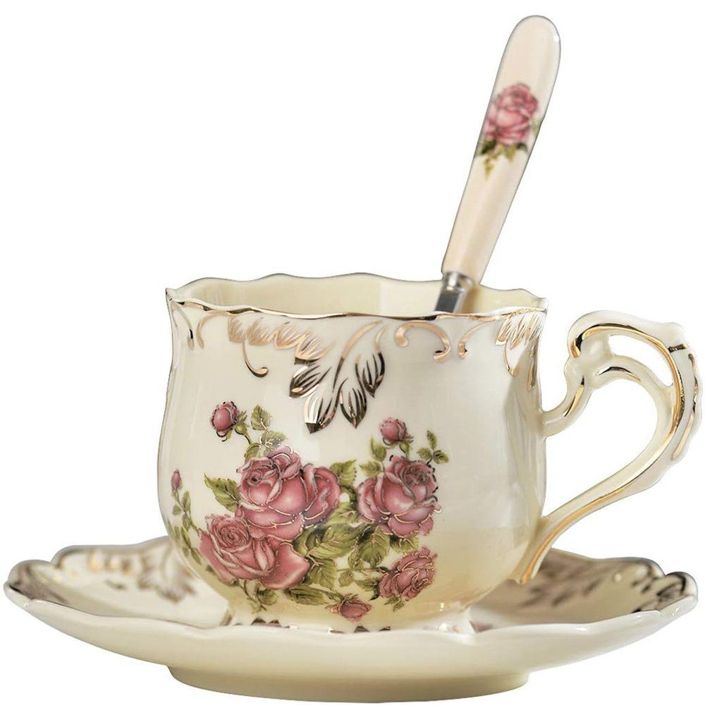 Tian Dee Kaffeeservice Vintage Tasse und Untertasse Set mit rosa Goldfolienrand