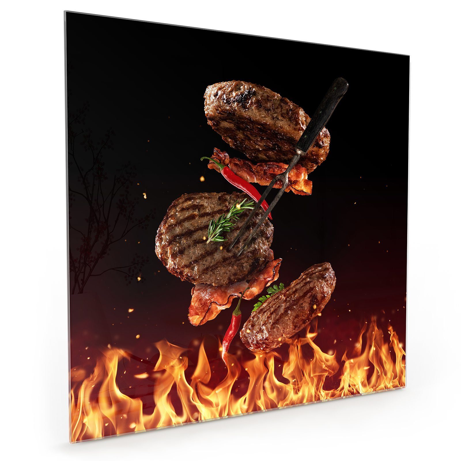 Primedeco Küchenrückwand Küchenrückwand Burger mit mit Motiv Glas Spritzschutz Grill Heisser