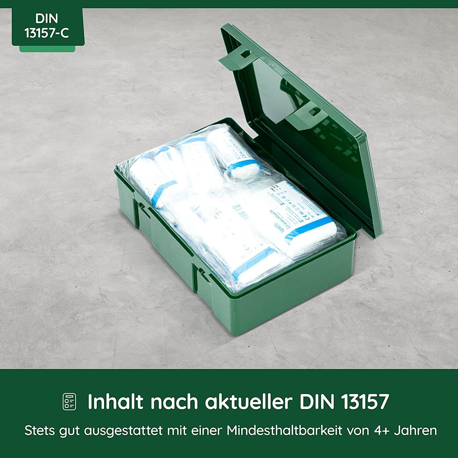 FLEXEO Erste-Hilfe-Koffer DIN 13157, (1 St), Betriebsverbandkasten inkl. Wandhalterung, grün