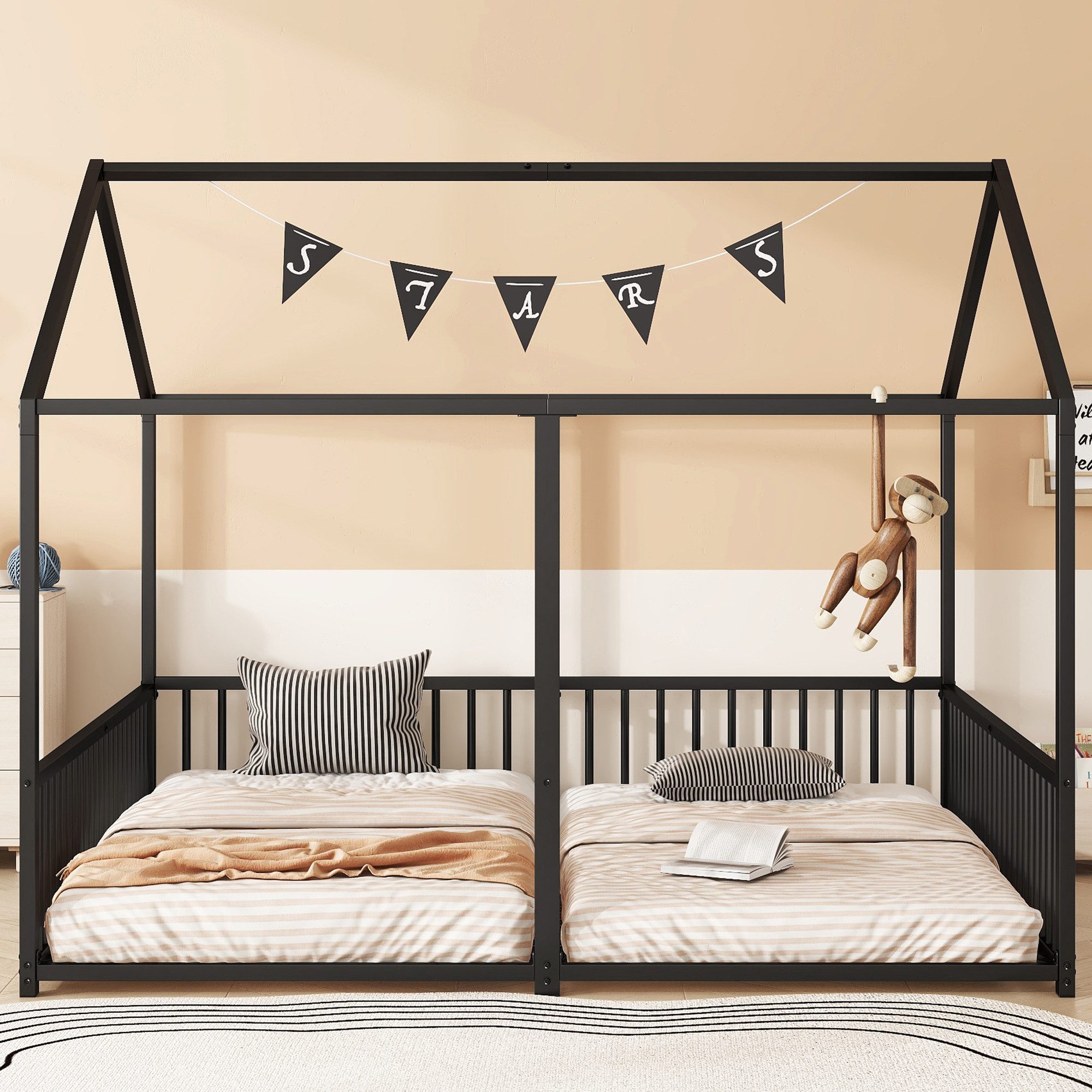 OKWISH Kinderbett Doppelbett,Hausmodell mit Geländer (Metall günstig online kaufen