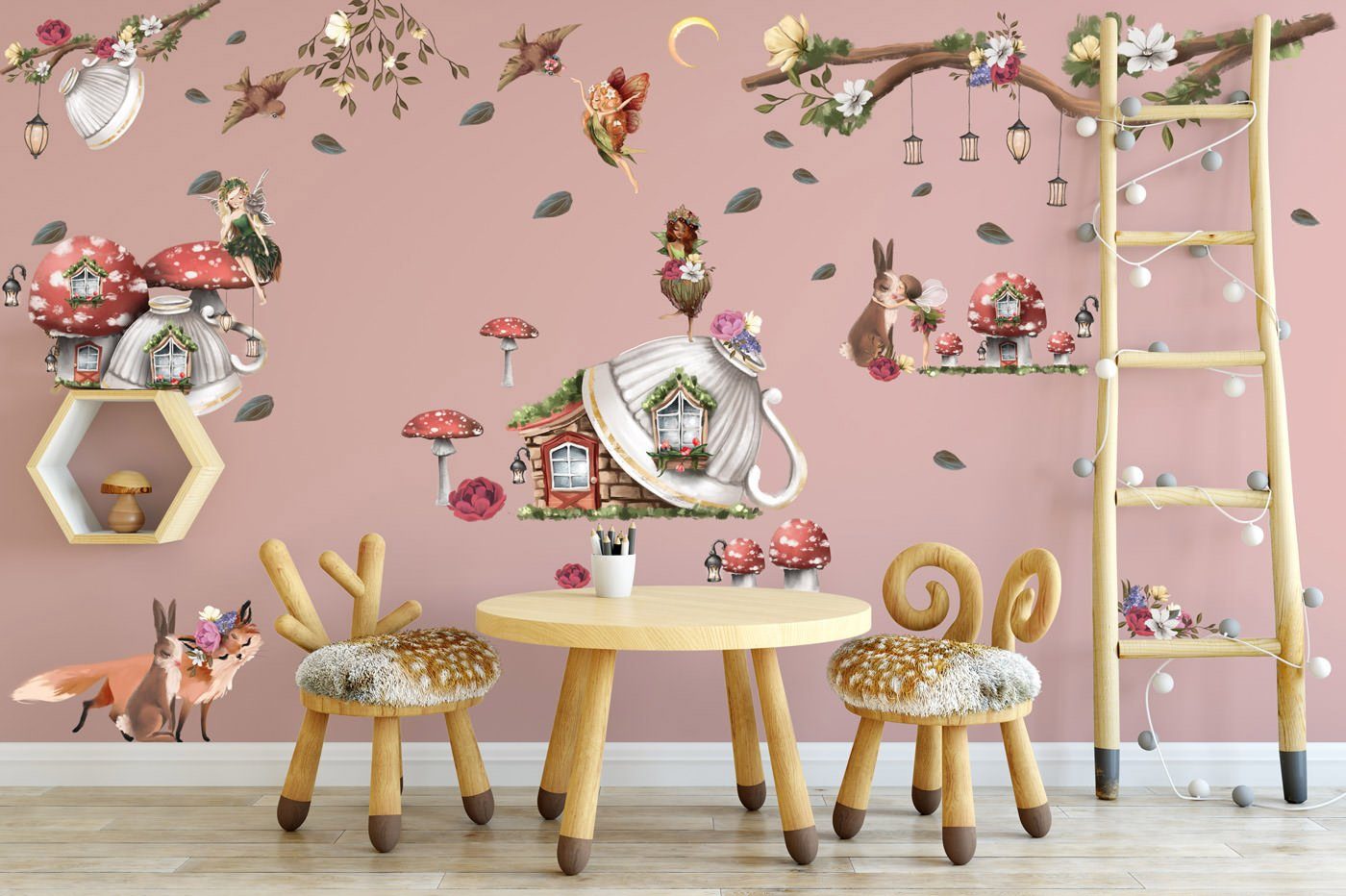 Sunnywall Wandtattoo XXL Wandtattoo Feenzimmer Set Zauberwald Kinderzimmer Aufkleber