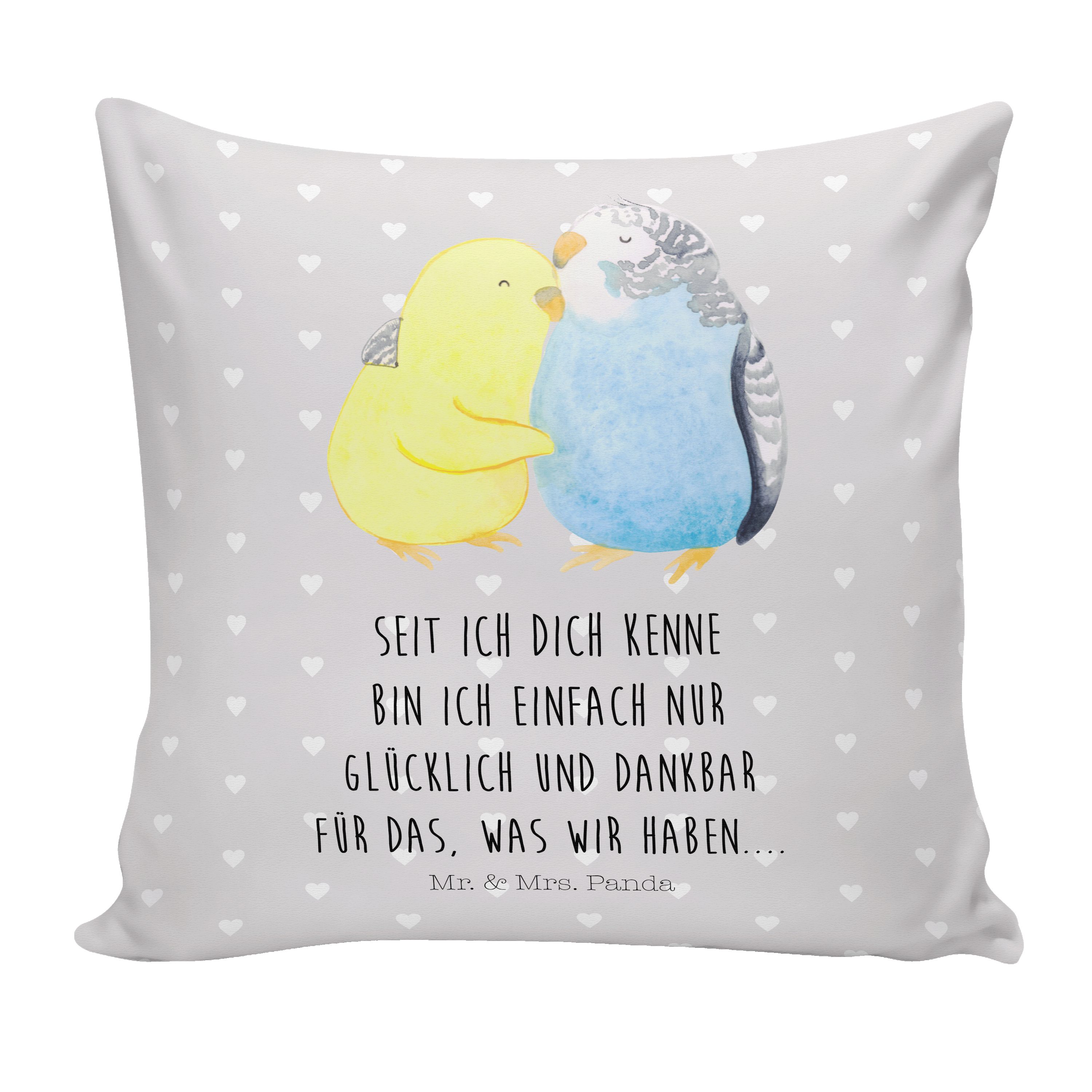 Mr. & Mrs. Panda Dekokissen Wellensittich Liebe - Grau Pastell - Geschenk, Sofakissen, Vertrauen