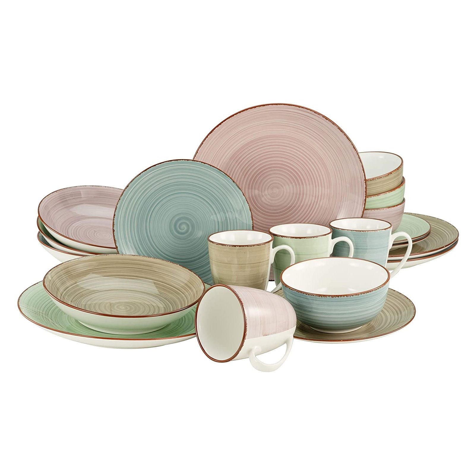 CreaTable Kombiservice Geschirr-Set Samba (20-tlg), 4 Personen, Porzellan, Service, handgemalter Spiraldekor, 20 Teile, für 4 Personen
