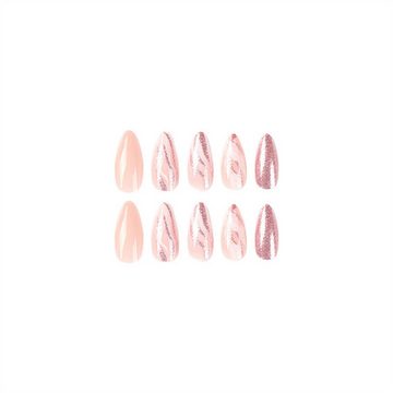 RefinedFlare Kunstfingernägel Rosa glitzernde, mandelgepresste künstliche Nägel für Damen