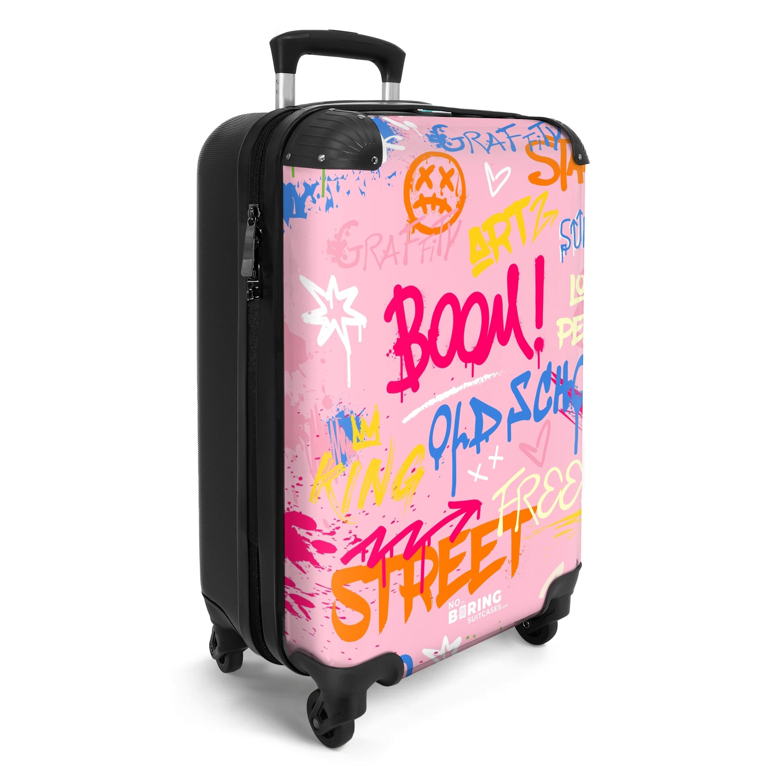 NoBoringSuitcases.com© Hartschalen-Trolley Rosa Hintergrund mit buntem günstig online kaufen