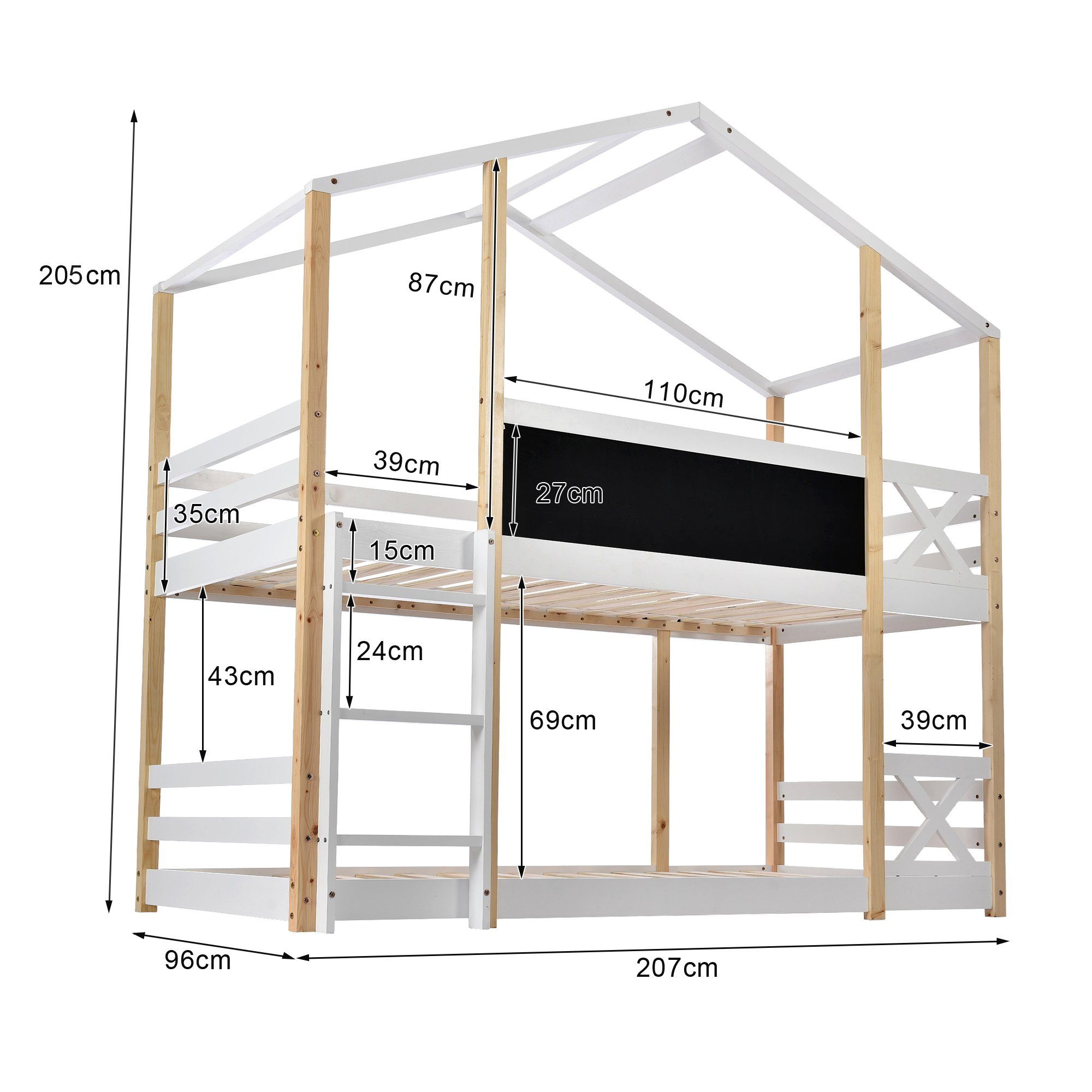 Etagenbett (Kinderbett), Hochbett mit Rausfallschutz, Trittleiter und Lattenrost, 90x200cm