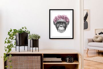 queence Bild mit Rahmen Affenmotive - Affensprüche - Gerahmter Digitaldruck - Wandbild, Affe mit Rosen (1 St), Holzrahmen - Dekoration - Schwarzer Rahmen - in verschiedenen Größen