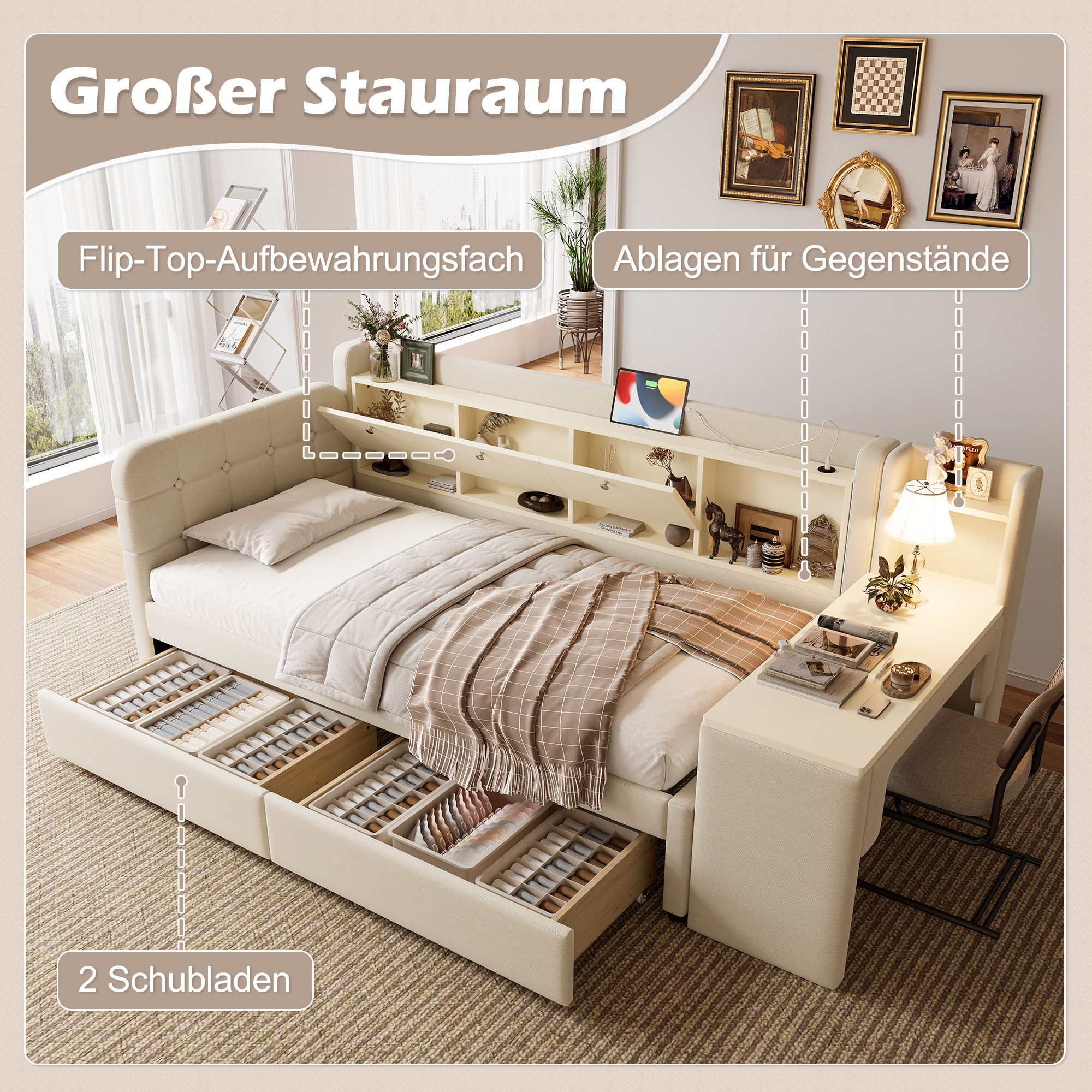 SOFTWEARY Stauraumbett mit Schreibtisch (90x200 cm, günstig online kaufen