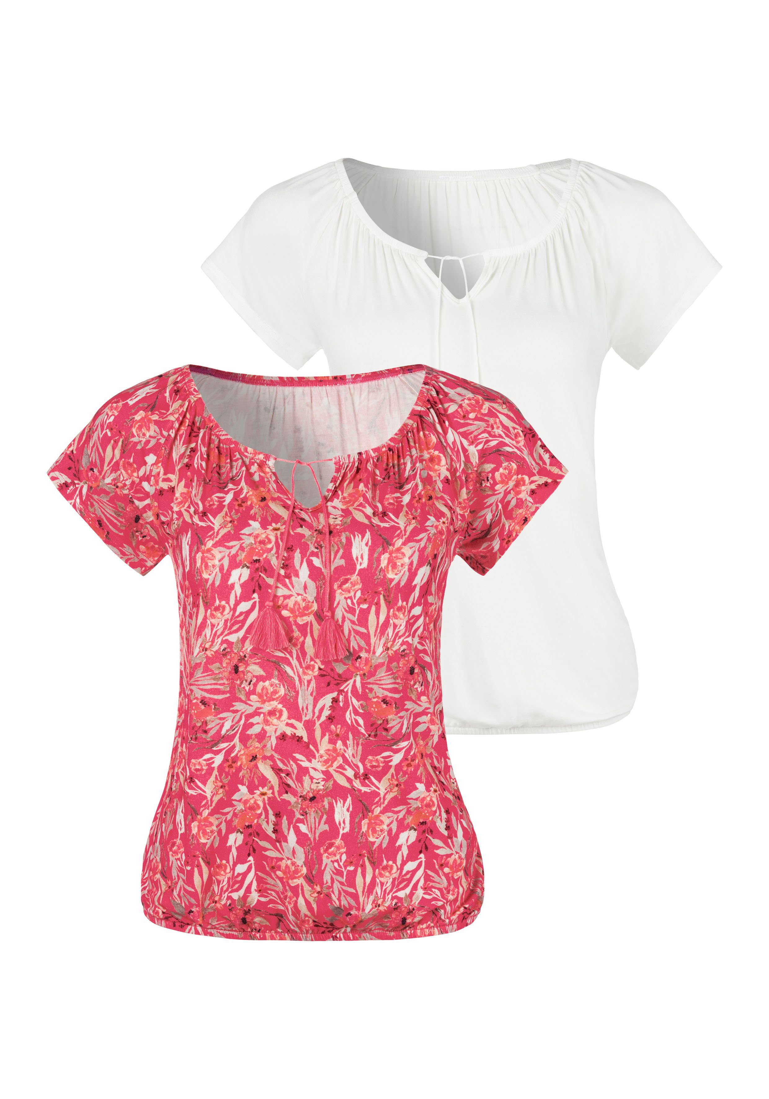 Vivance T-Shirt (2er-Pack) mit creme Bindeband und koralle-bedruckt, am Ausschnitt Tassel