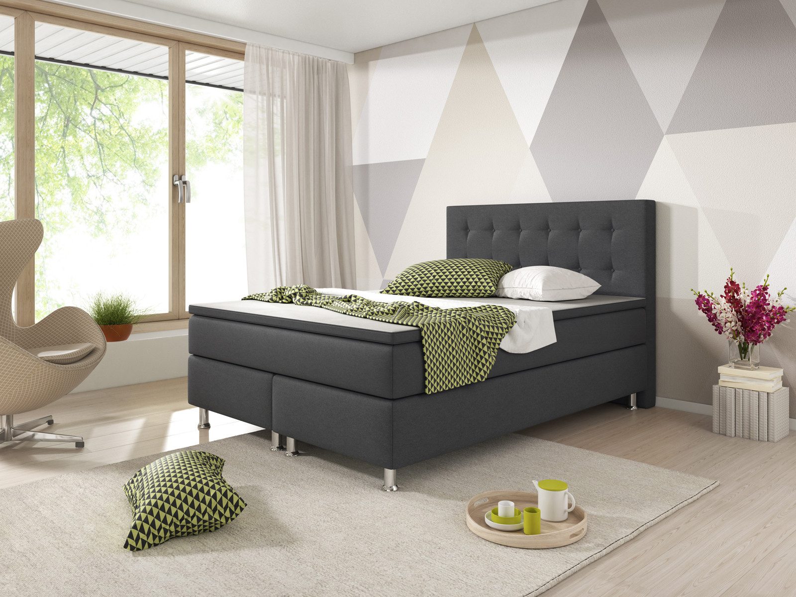 inter Boxspringbett Boxspringbett Köln Webstoff mit 7 Zonen Taschenfederkern und Topper (140x200 cm, Anthrazit inkl. 7 Zonen Taschenfederkernmatratze und Topper), Taschenfederkern-Komfort, gepolstertes Kopfteil, inklusive Matratze