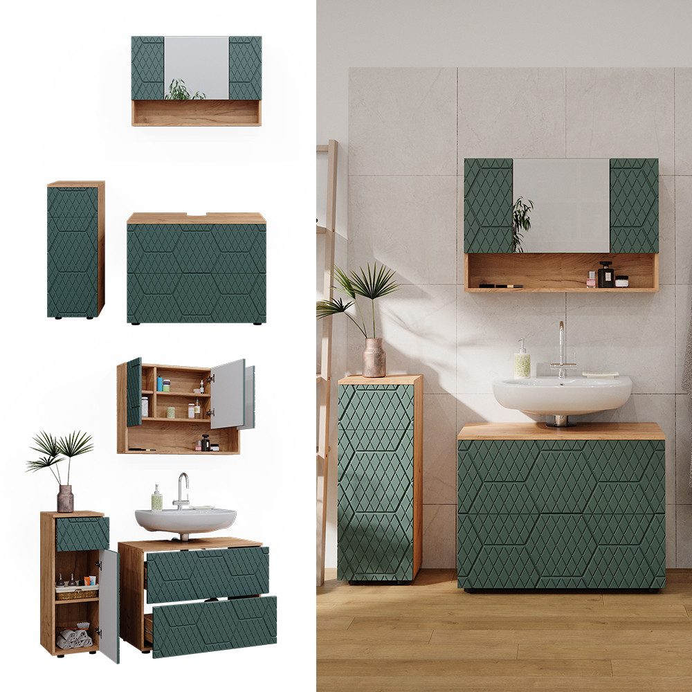 Vicco Badmöbel-Set Irma, Goldkraft Eiche/Grün, 3 günstig online kaufen