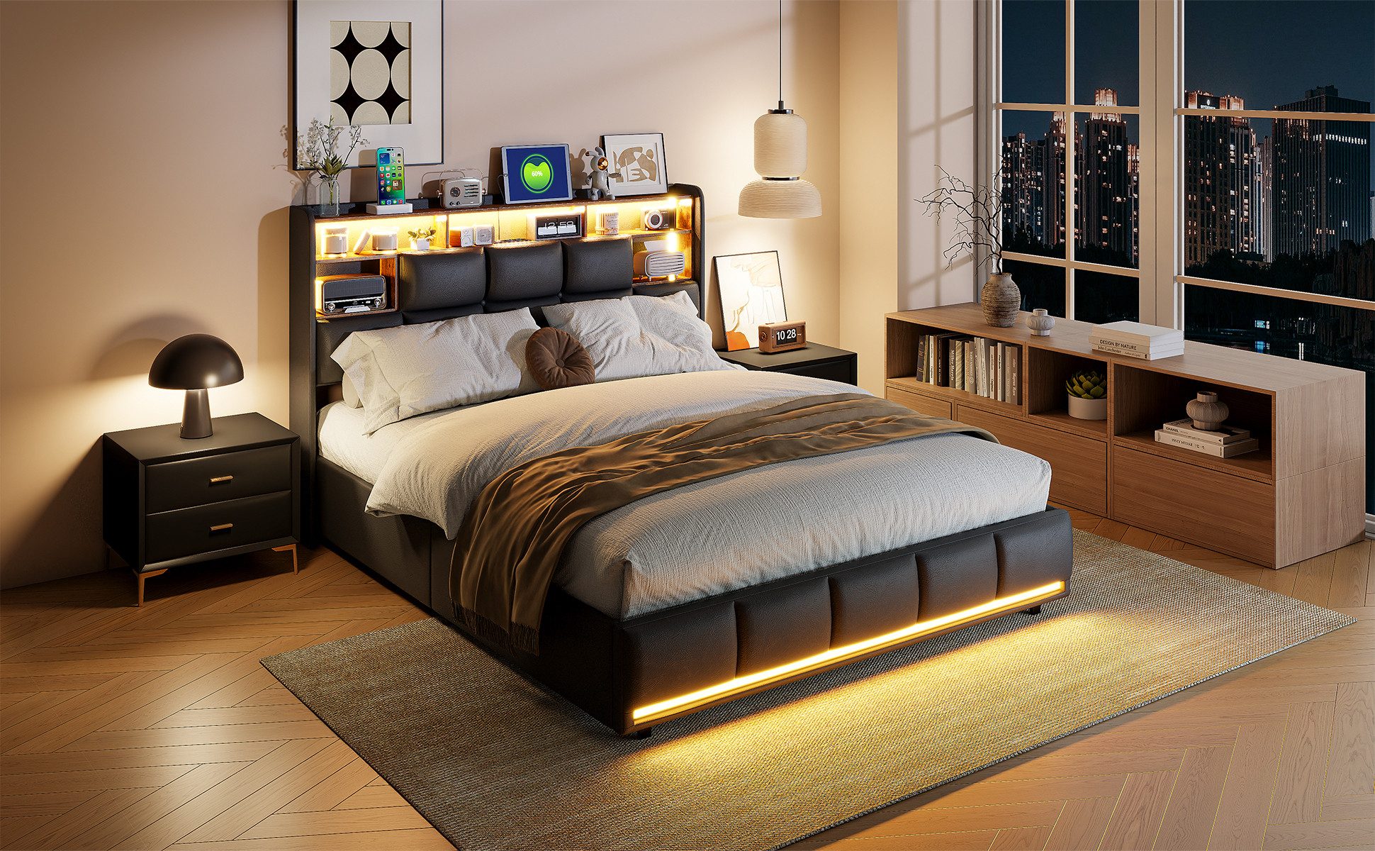 Gdood Polsterbett LED Doppelbett Stauraumbett (Hydraulisch hebbarer Staurau günstig online kaufen