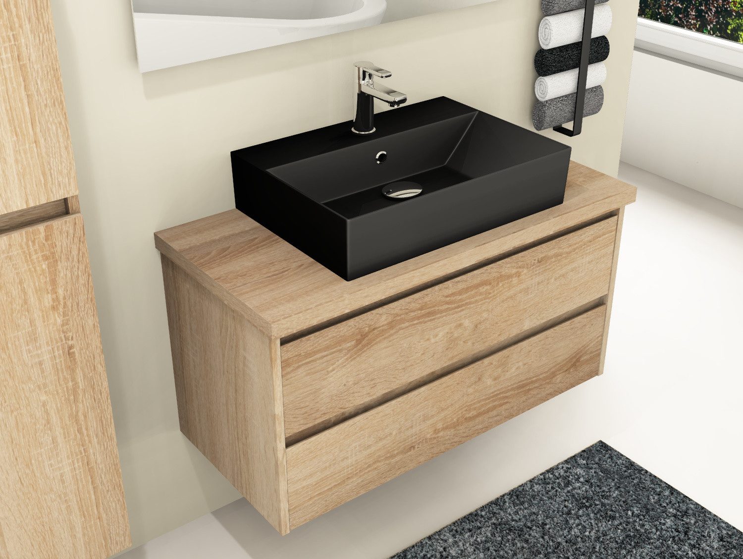 Aqua Bagno Badmöbel-Set Waschplatz Eiche Gold 100cm schwarzes Waschbecken Softclose Schubladen, (vormontiert, 3-St., Badmöbelschrank melaminbeschichtet, Trägerplatte, Keramikwaschbecken), einfache Montage, Badschrank