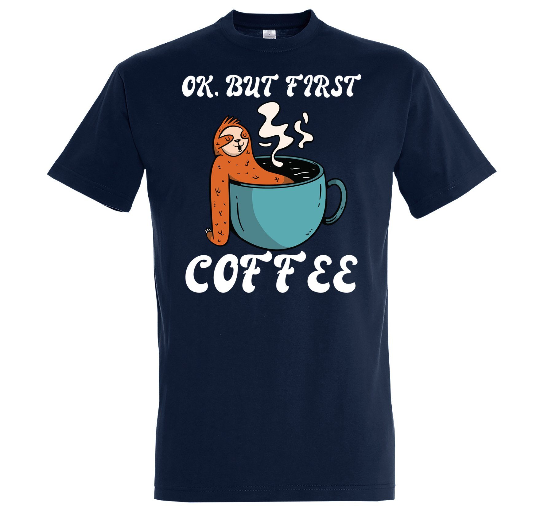 Youth Designz T-Shirt Faultier, But First Coffee Herren Shirt mit Trendigem Frontdruck Navy