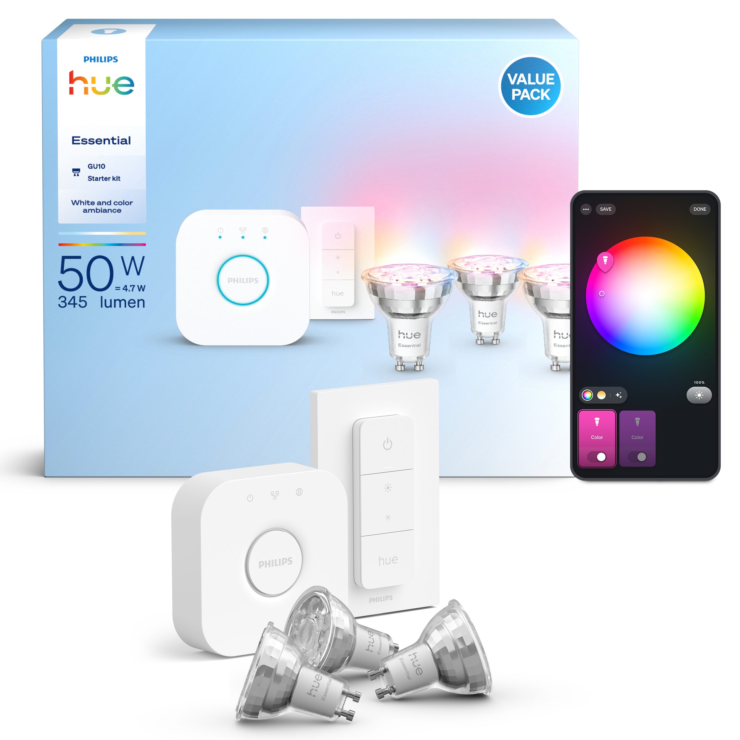 Philips Hue LED-Leuchtmittel Essential Starter Kit 3x White & Color Ambiance+Bridge+Dimmschalter, GU10, 5 St., Farbwechsler, inkl. Bridge