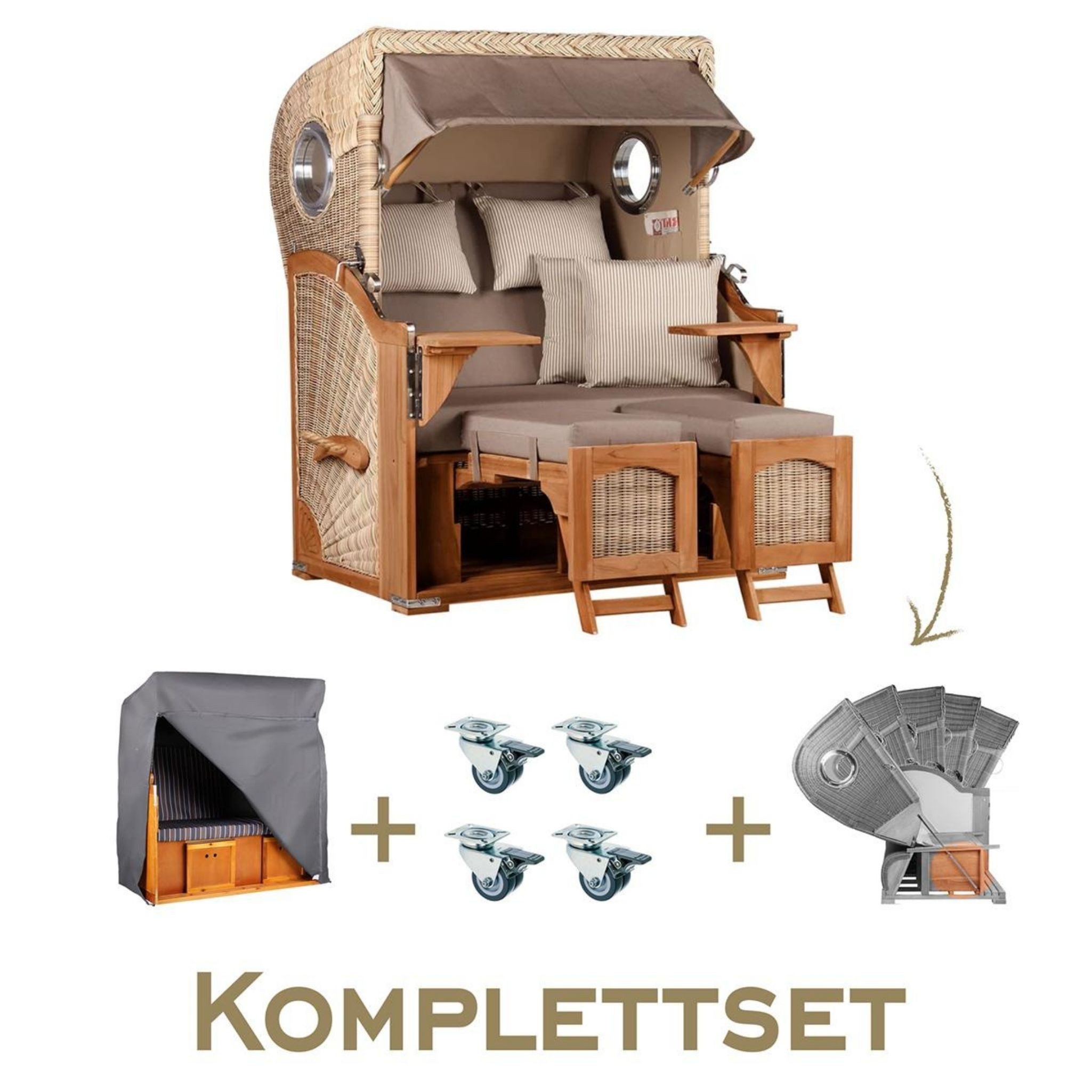 MR.DEKO Strandkorb Strandkorb Komplettset Düne Teak PE Shell Dessin 534, BxTxH: 125x80x170 cm, Volllieger, Düne, (Luxus-Komplettset 4-tlg. inkl. Abdeckhaube, 4-tlg., Strandkorb inkl. Aero Protect, Rollen & Lifter-Set), Wetterfester Strandkorb inkl. Lifter & Haube, Fertig montiert