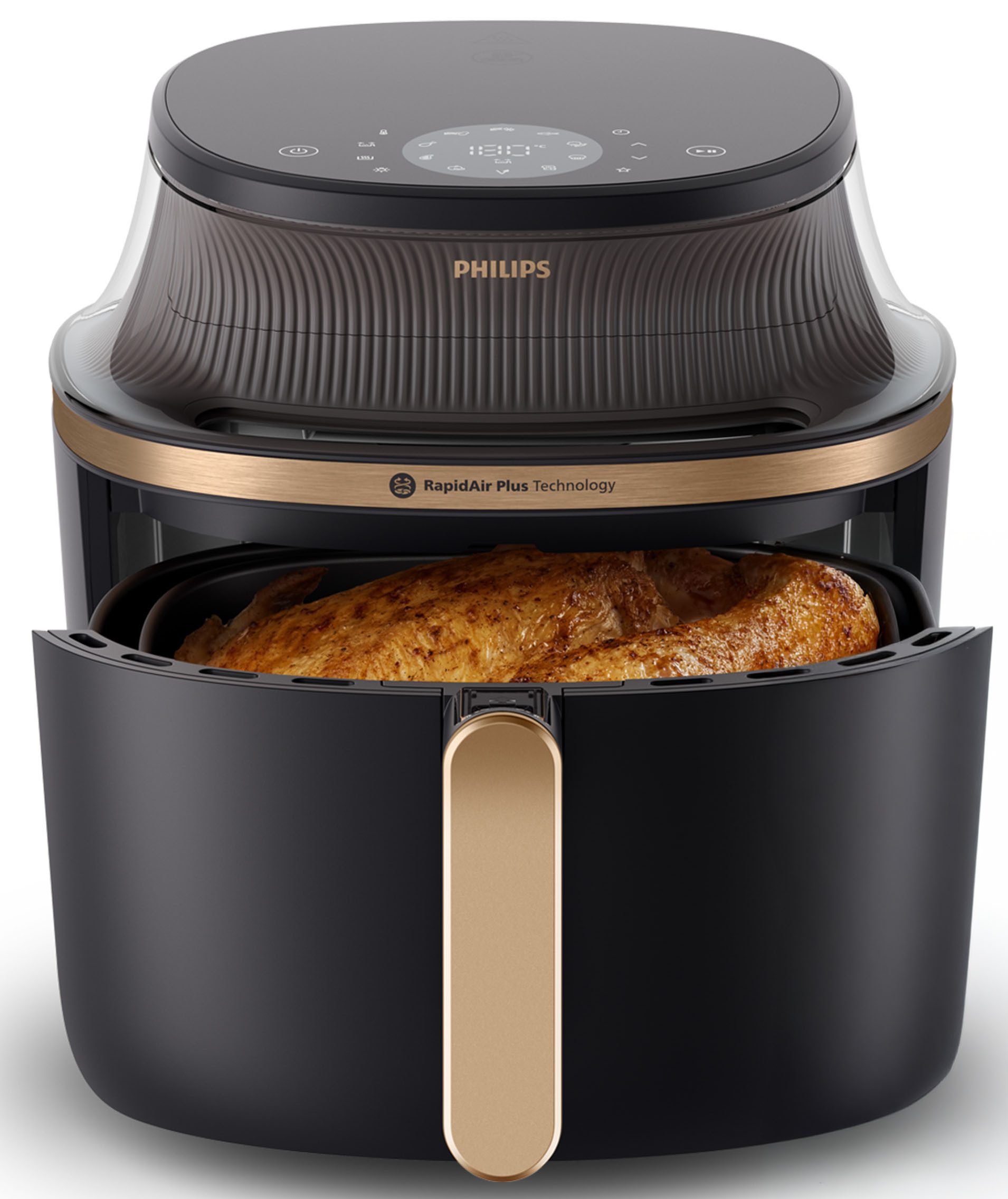 Philips Heißluftfritteuse Airfryer 3000 NA342/00, mit 7.2L, Sichtfenster, 2000 W, RapidAir Plus Technologie und 16 Kochfunktionen; Schwarz/Kupfer