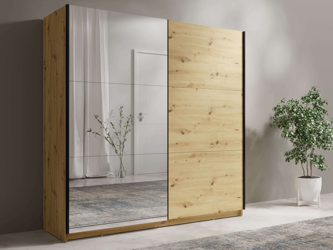 Home affaire Schwebetürenschrank Kleiderschrank Fresno mit 5 Einlegeböden, Spiegel und Kleiderstange Garderobe mit 2 Schwebetüren, B/H/T 150/207/62 cm