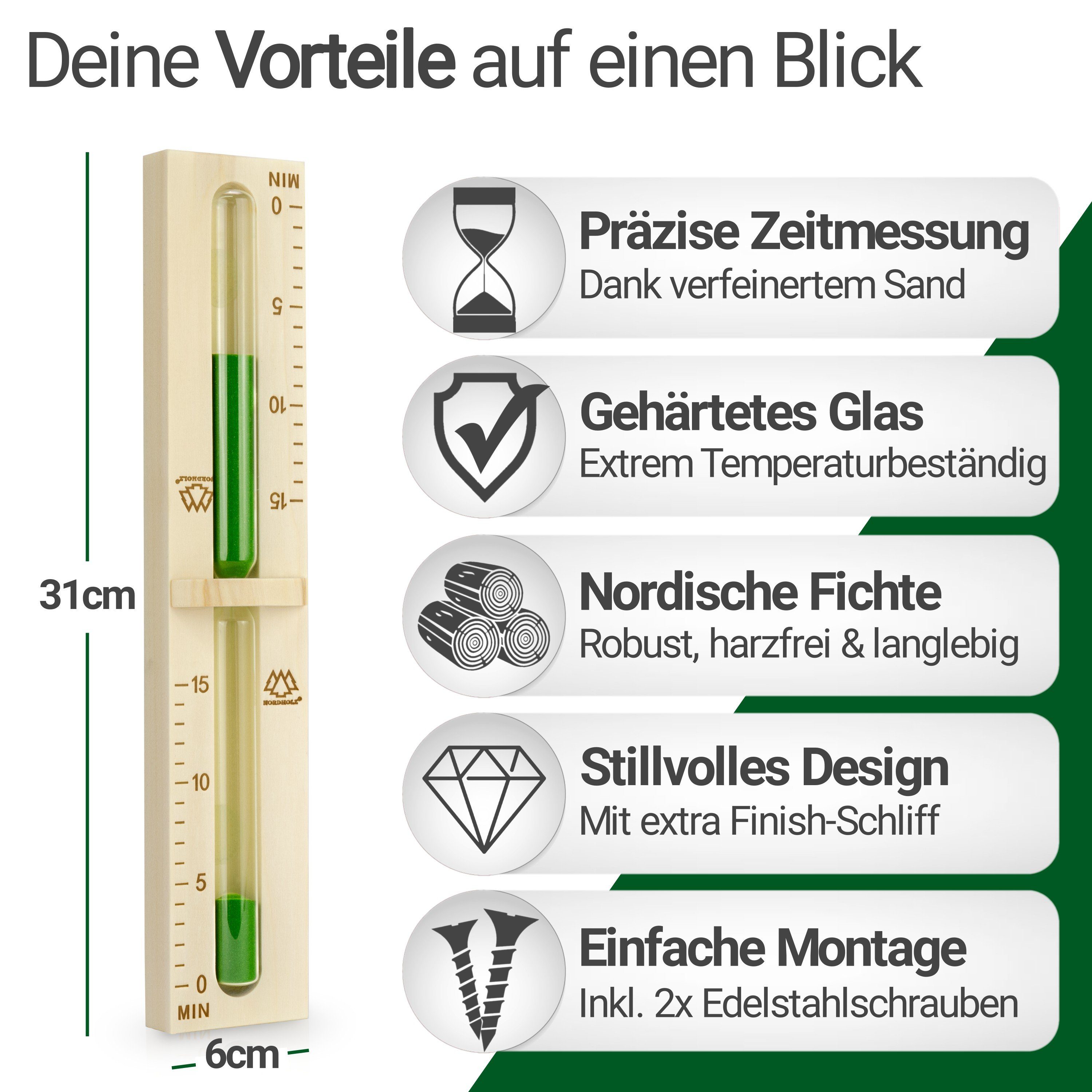 NORDHOLZ Sauna-Sanduhr Sauna Sanduhr 15 verfeinertem (Präzise Minuten Zeitmessung dank Sand)